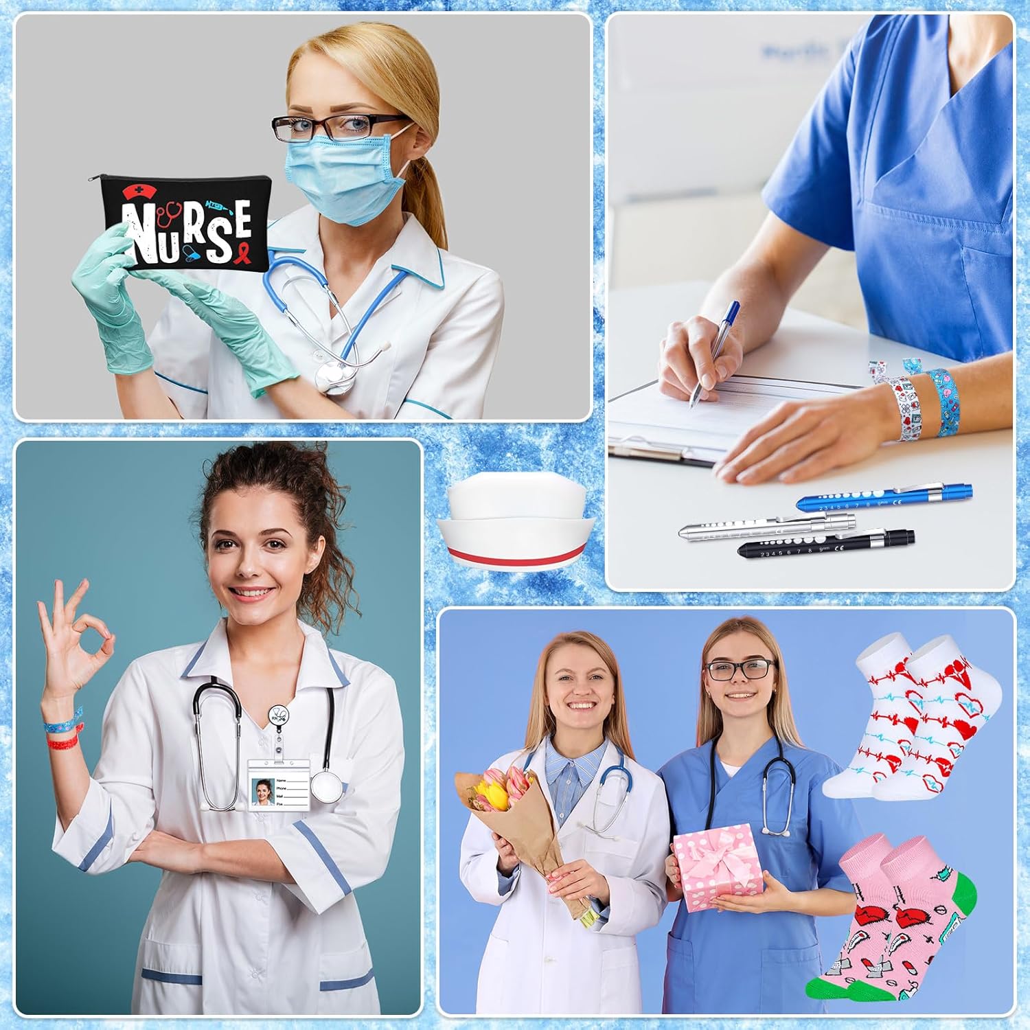 Buryeah 72 Pcs Nurses' Day Appreciation Gift Sets Bulk Nurses Week Gifts Bulk 2026 Graduation Present Women Socks Makeup Bags Penlight Badge Reels Headband Bracelet Hair Rope for Doctors Pharmacists