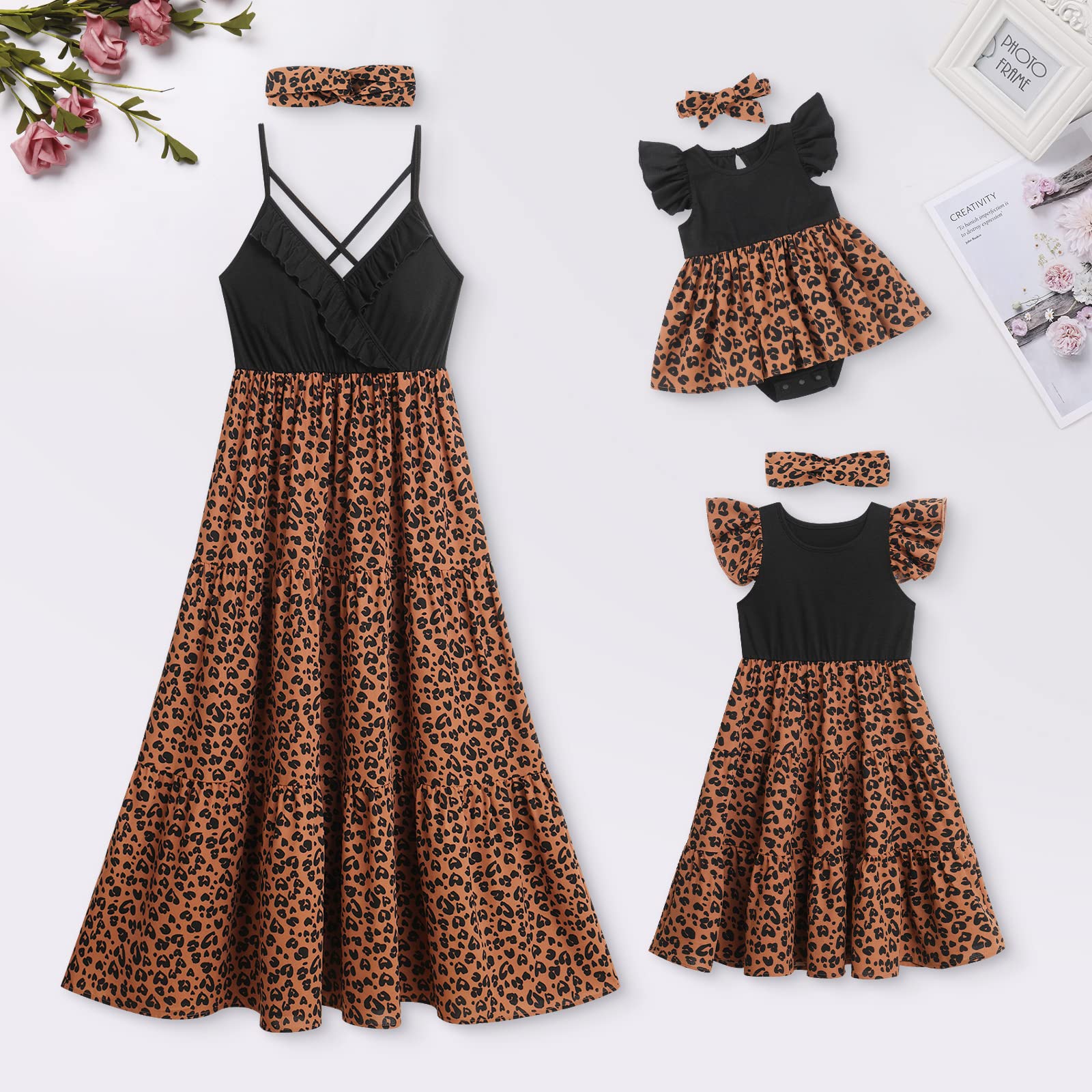 Mommy and Me Matching Dresses Leopard Print Ruffle Sleeveless Dress Spaghetti Straps V Neck Summer Beach Hawaiian Vacation Mom Daughter Matching Outfits with Headband Black Brown Leopard 9-12 Months