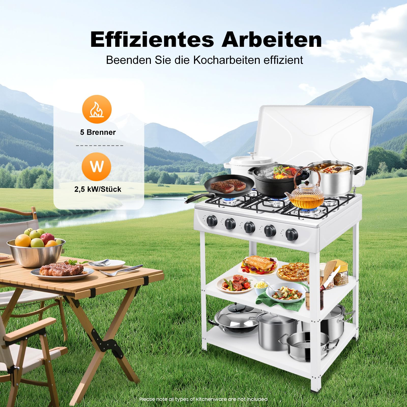 5 Flammiger Gaskocher Freistehender Campingofen Gasherd Gaskochfeld 5 Brenner für Camping Outdoor Gaskocher Tragbarer Gasherd für Wohnmobil mit Ablageflächen (Weiß, Fünf-Gitter)