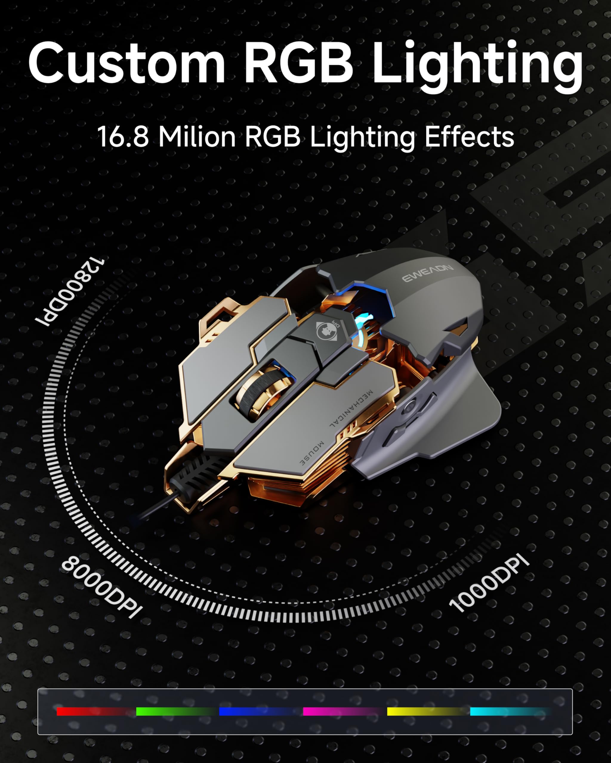 SEUNKWANG EWEADN G5 Souris de jeu filaire ergonomique, RVB, 12800 DPI réglable, 9 boutons macro programmables avec touche Rapid Fire, compatible avec PC/ordinateur portable/Windows - Gris