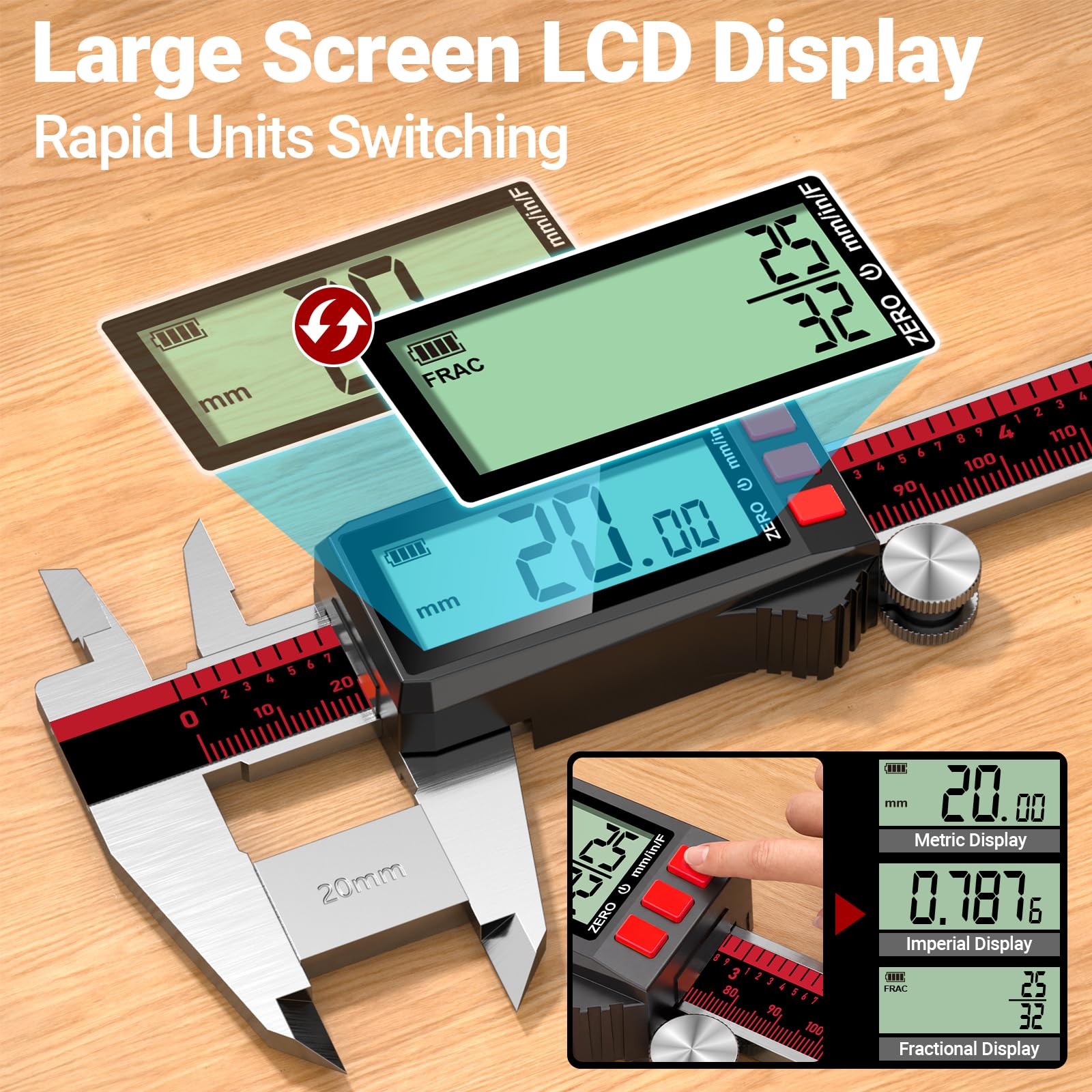 Calibrador digital de 8 pulgadas, calibradores recargables con pantalla LCD, pulgadas/mm/fracción, herramienta de medición de calibrador Vernier de acero inoxidable para bricolaje, hogar