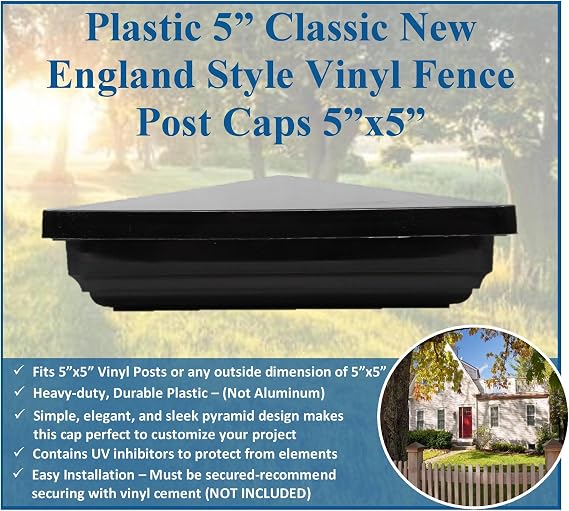 Black Plastic 5 Classic New England Style Vinyl Fence Post Caps, 5x5 Post Cap for Vinyl Fence Post (1)
