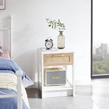 Rattan End Table with Drawer, Modern Nightstand Side Table, White, 15.75 Inch, Living Room Bedroom, White