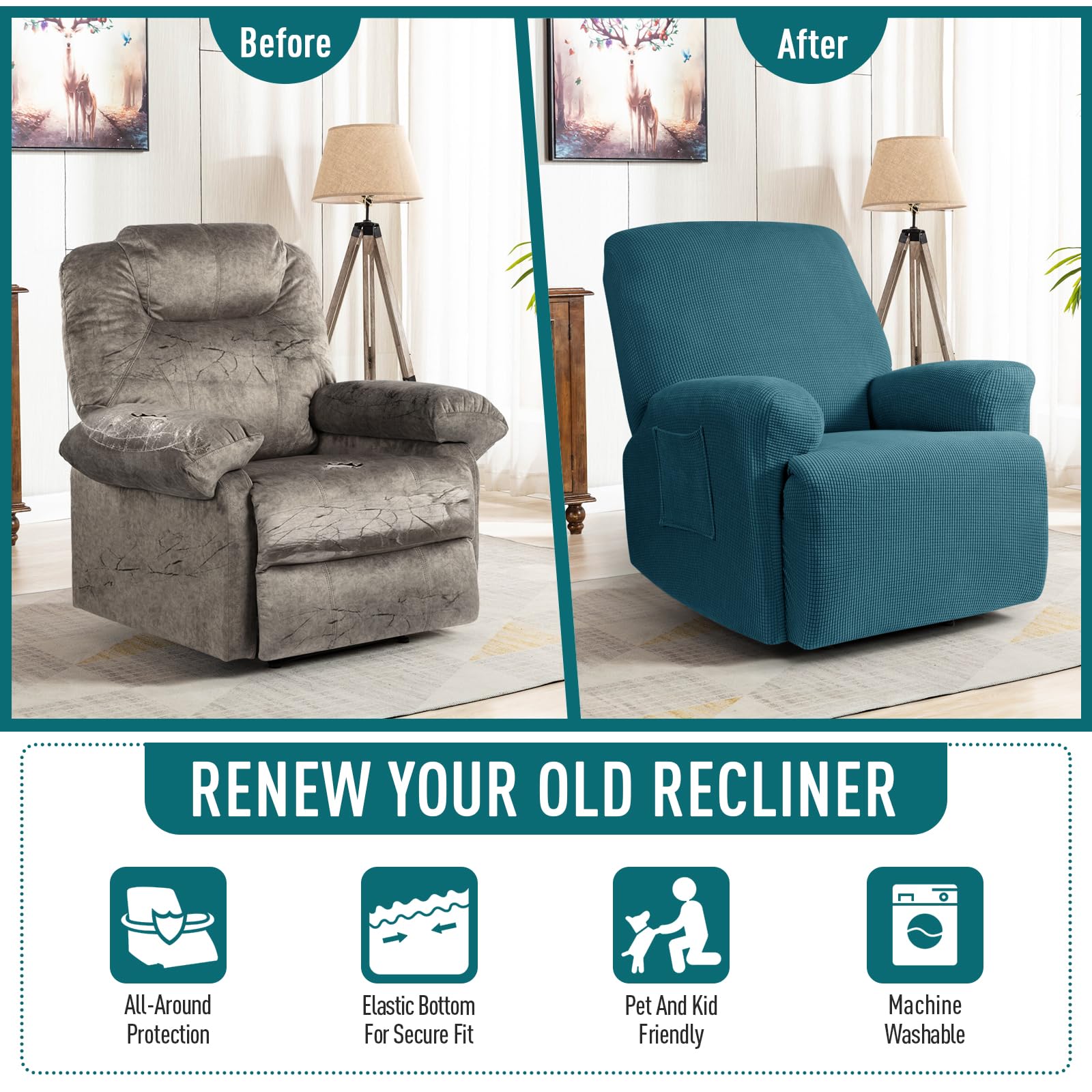 TAOCOCO Oversized Recliner Chair Covers, 1 Seater Streach Recliner Covers Soft Couch Protector Furniture Protector Covers with Elastic Chair Covers Jacquard Pattern, Peacock Blue