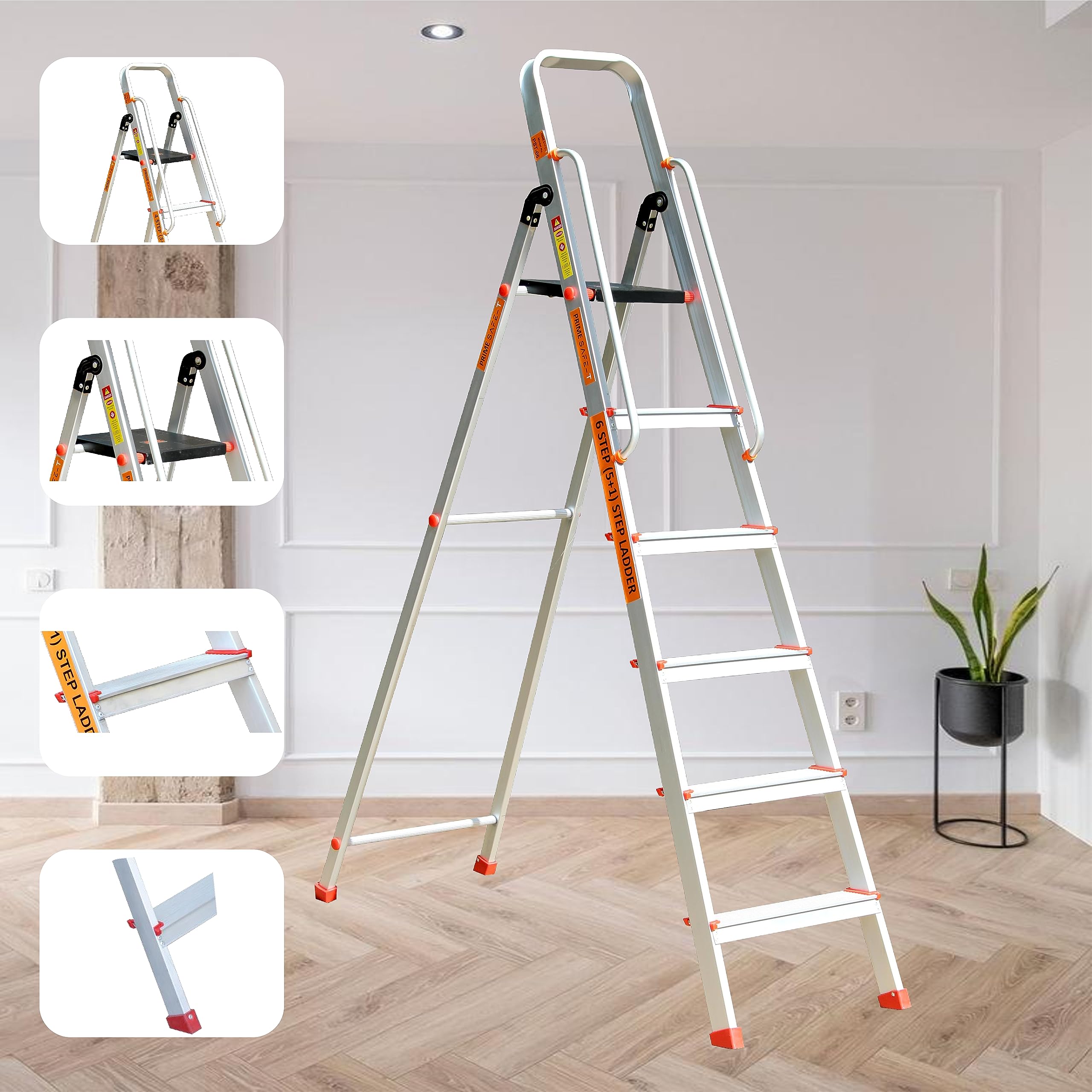Prime Safe-T 6Step (5+1) Foldable Aluminium Ladder for Home and Office Use with Hand-Rails | Anti-Skid PVC Shoes | Garment Guards | Heavyduty Antiskid Platform (B0CGZW99VS) Amazon Price History, Amazon Price Tracker