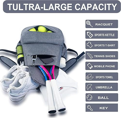 Miniatura 5 de Raqueta de tenis con bolsa de tenis, raqueta de tenis para adultos, raqueta de tenis de 27 pulgadas con mochila multifuncional de gran capacidad
