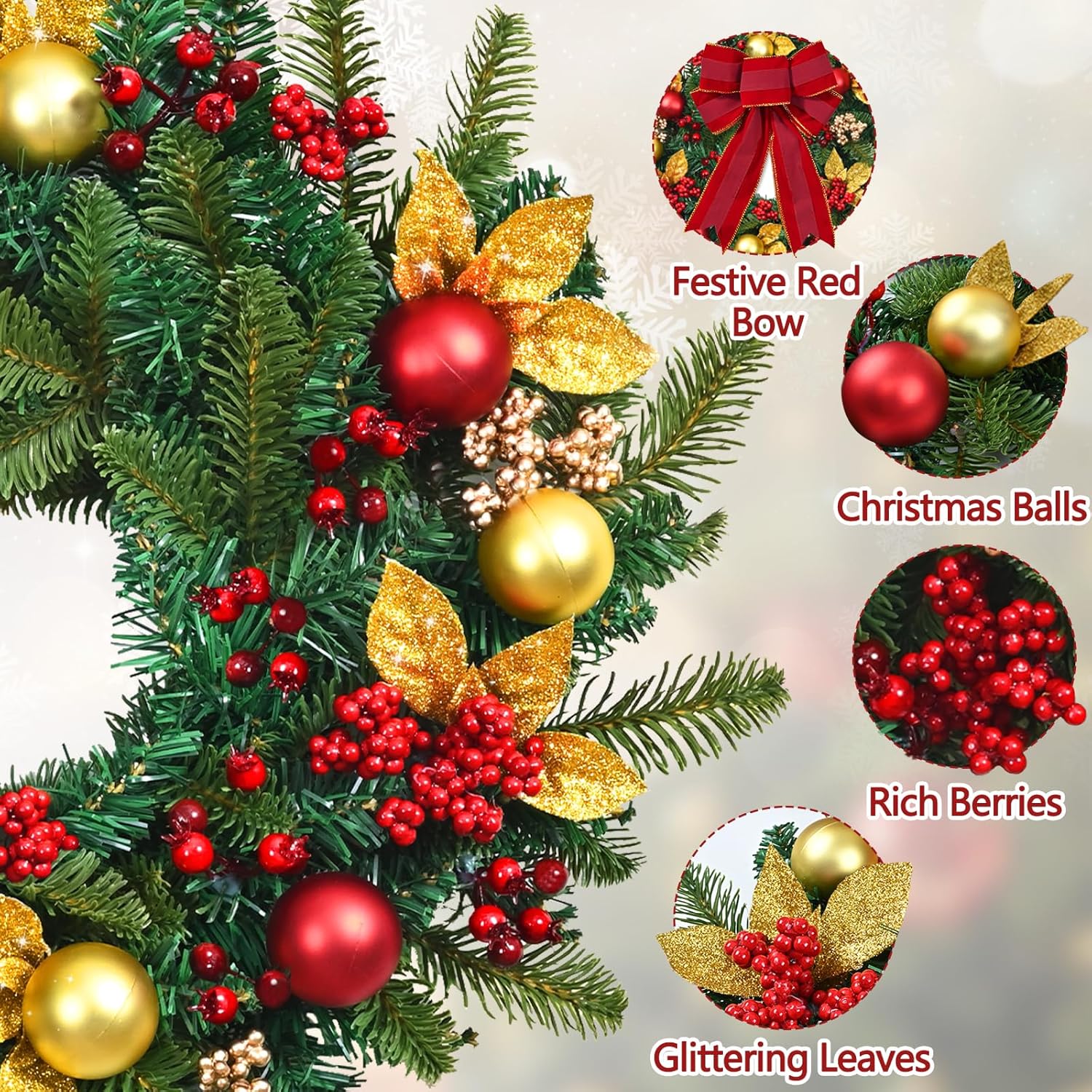 Yastouay 22" Christmas Wreaths for Front Door, Christmas Wreath with Lights Bow Christmas Ball Ornaments, Berries & Sparkling Leaves, Christmas Door Wreath for Home Wall Window Indoor Outdoor Decor - Image 4