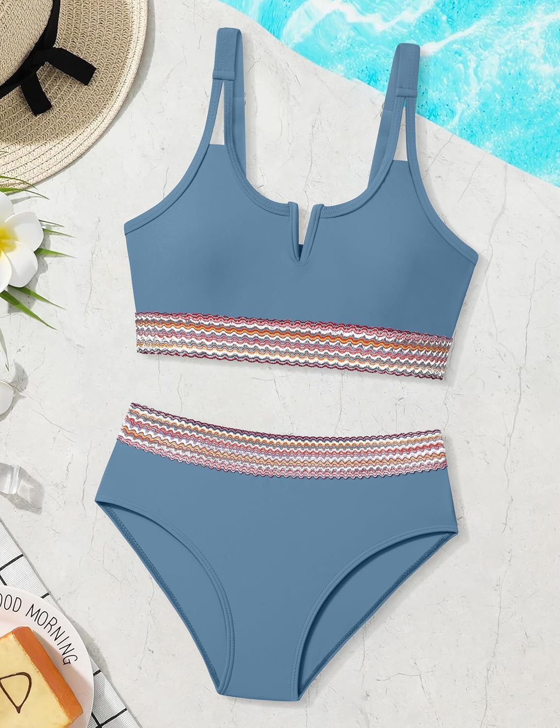 Girls Swimsuit High Waisted Bathing Suit for Girls V-Neck Cutout Two Piece Swimwear Color Block Welt Bikini Set 9-16y - Image 5