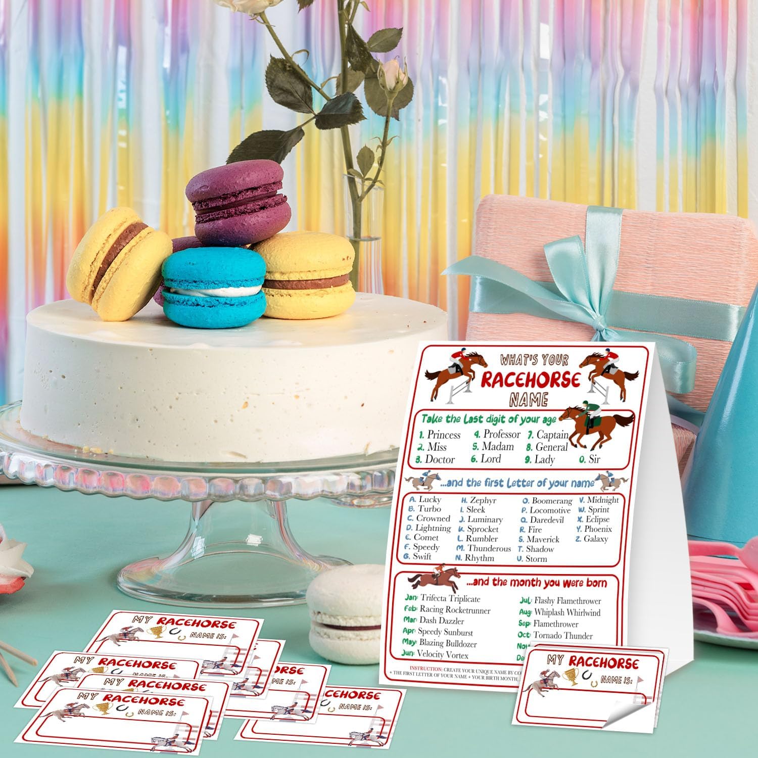 What's Your Racehorse Name,1 Game Table Sign and 30 Name Sticker, Birthday Games for Party, Racehorse Birthday Party Activity Decoration Supplies image 3