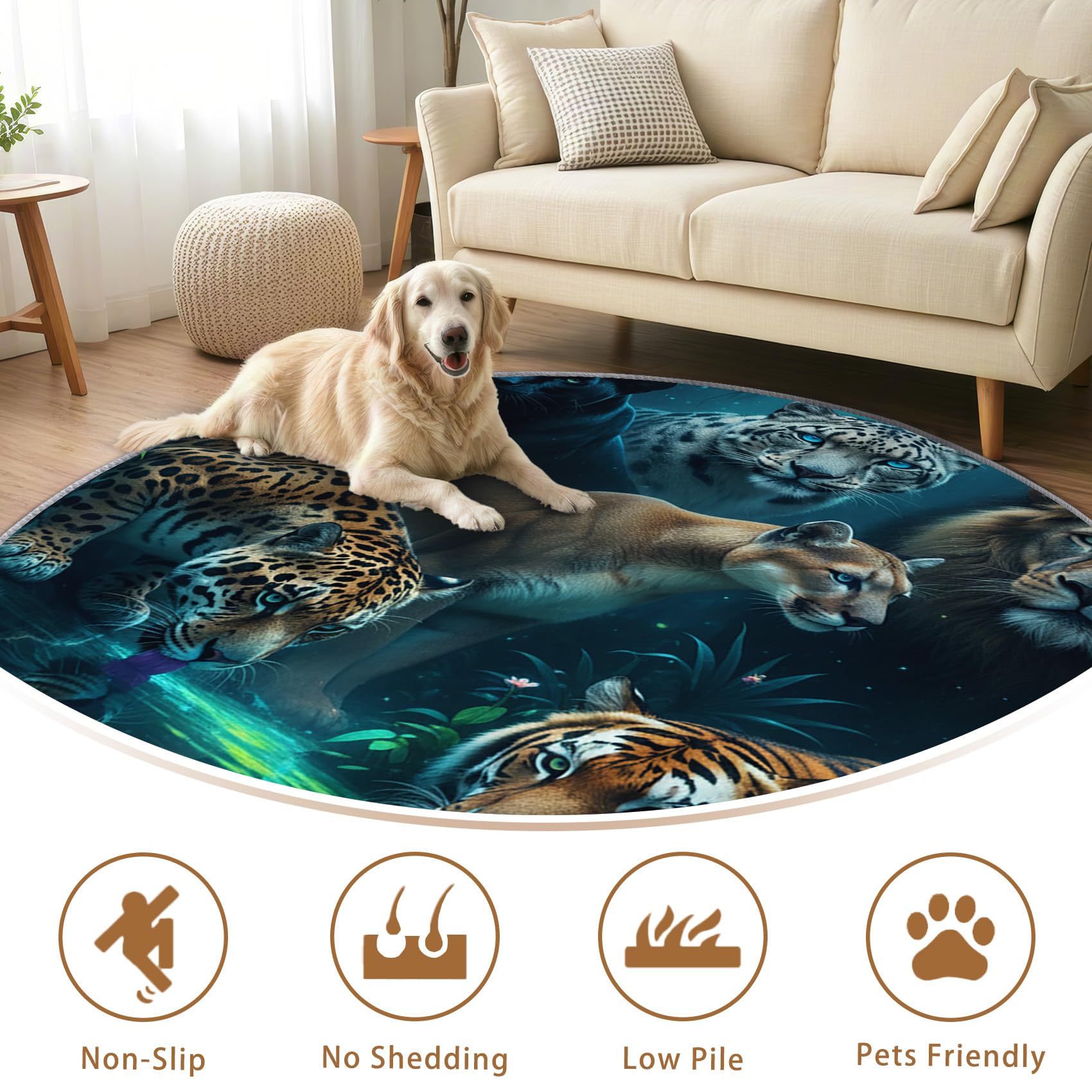 Wilde Tiere Teppich Rund 120cm Kurzflor - Waschbare Teppiche Wohnzimmer Tiger Leopard Löwe Panther Tiermotiv - Runder Teppich 120 Durchmesser Kinderzimmer - Bettvorleger rutschfest Weich