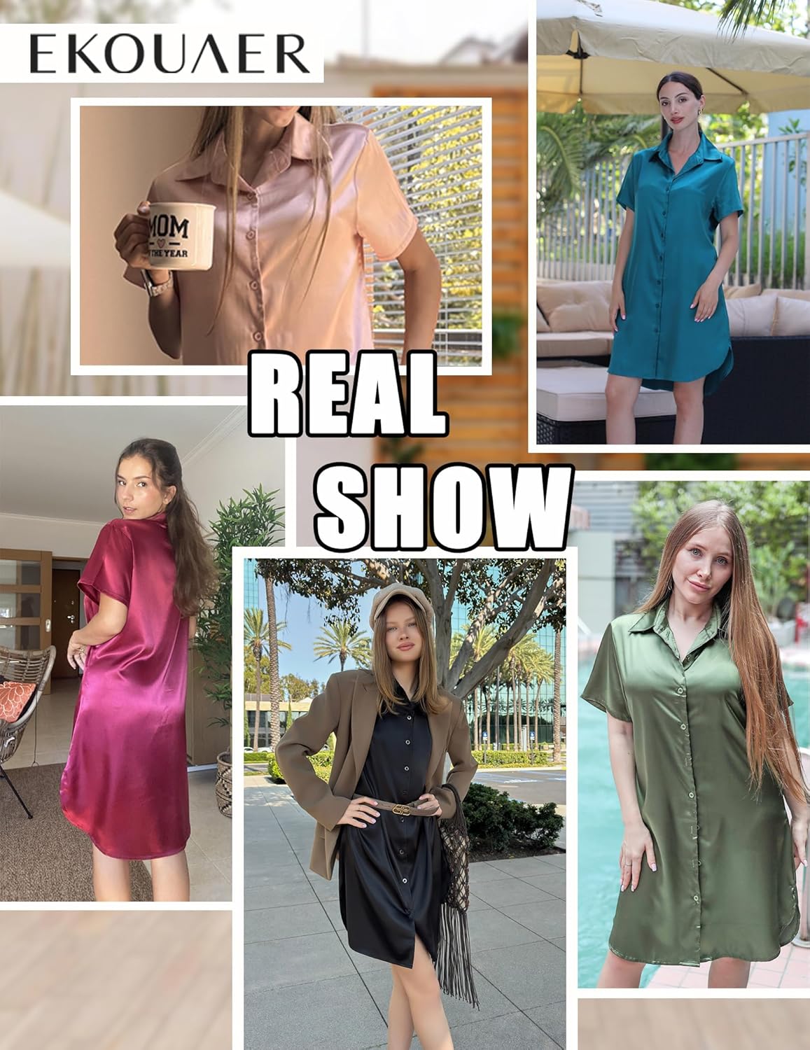Ekouaer Satin Nightshirt for Women Button Down Nightgown Silk Short Sleeve Sleepshirt Notch Collar Sleepwear S-3XL - Image 6