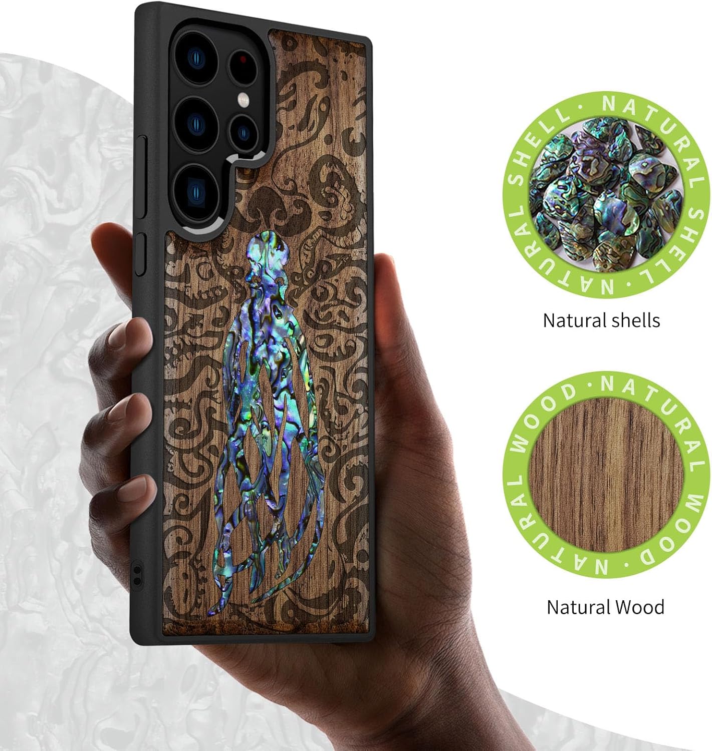 Carveit Designer Wooden Case for Samsung Galaxy S23 Ultra Cover [Wood Engraving & Shell Inlay] Compatible with Wireless Chargers S23 Ultra Case (Cephalopod's Nocturne-Walnut)