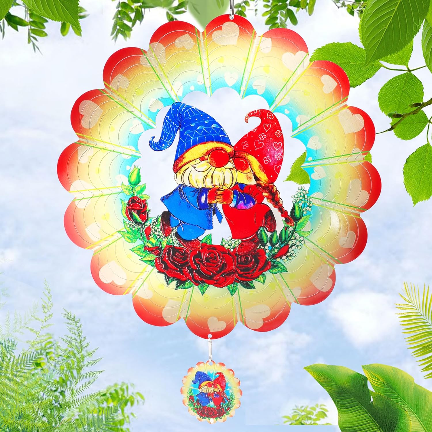 Gnome Wind Spinners Garden Yard Decor Gift for Women Men, 12 Inch Outdoor Metal 3D Wind Spinner, Stainless Steel Hanging Wind Catchers Kinetic Sculpture for Outside Decoration K. Gnome