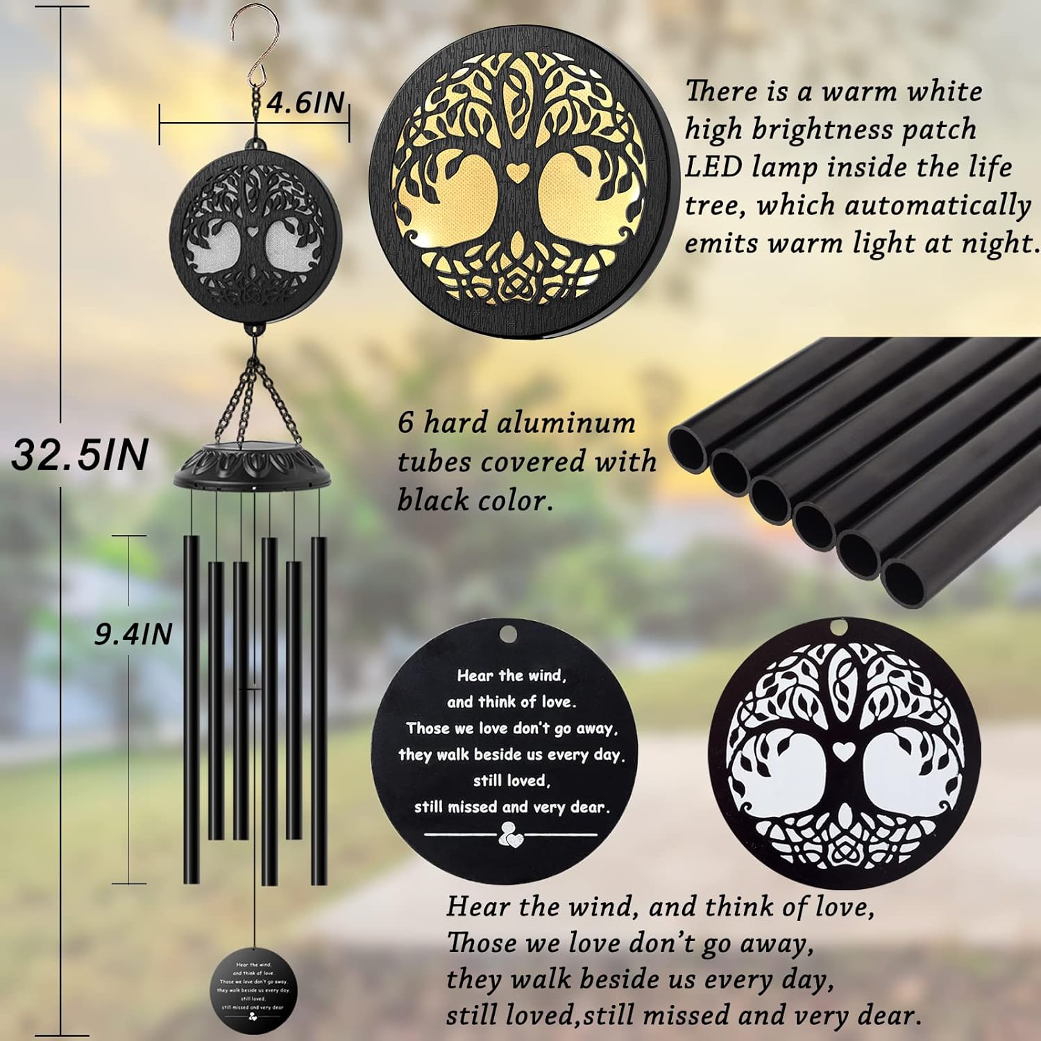 Solar Tree of Life Wind Chimes - Memorial Gift for Mom, Outdoor Garden Decor