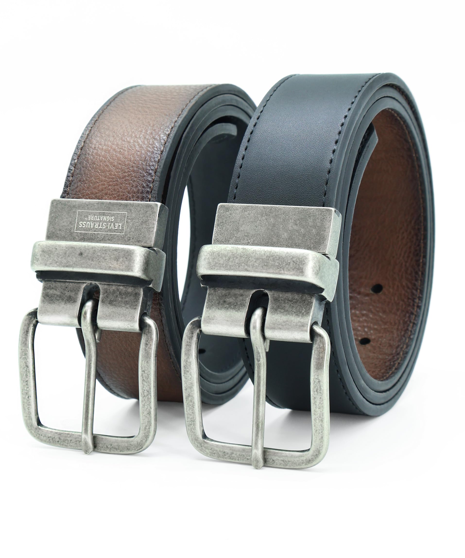 Levi Strauss Signature - Premium Leather Reversible Belt for Men for Jeans, Work, Dress & Casual pants | Cinturon Para Hombre, Brown / Black / Silver Buckle, 36