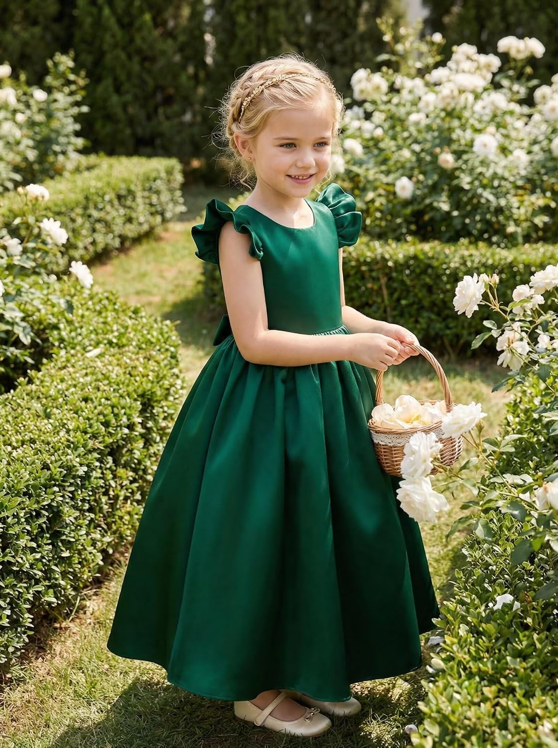 Satin Flower Girl Dresses for Wedding Flutter Sleeve Pageant Dresses for Girls Formal Dress with Bow