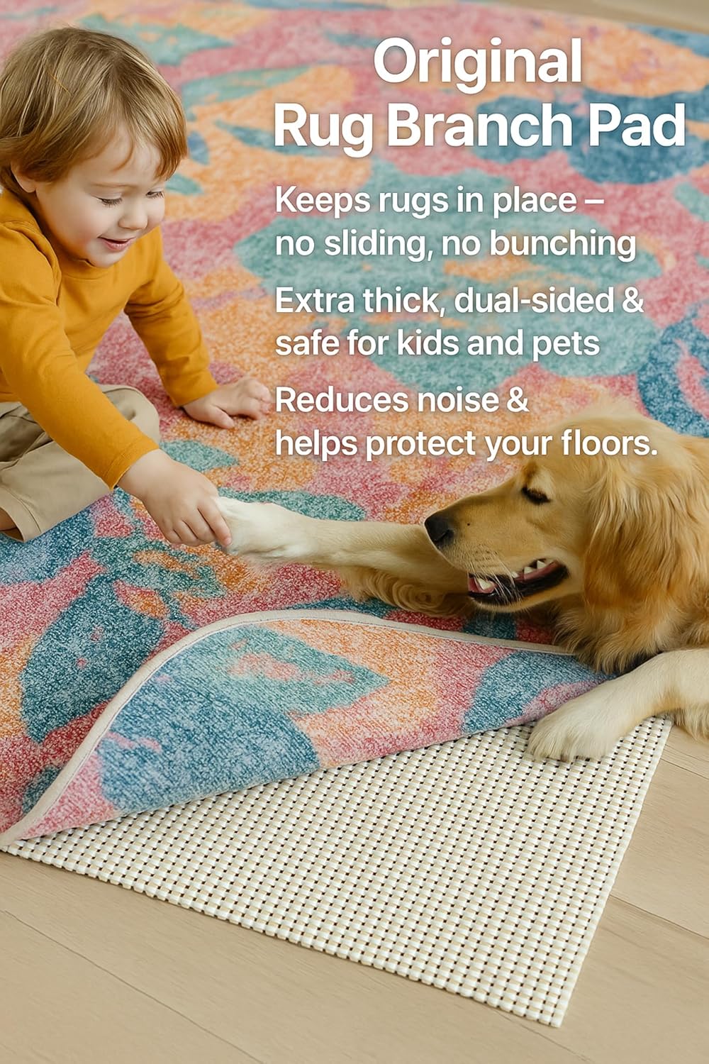 Rug Branch Rug Pad Extra Strong Rug Pad Gripper, Grips Keep Area Rugs in Place, Skid Resistant Pads for Hard & Soft Floors, Under Carpet Mat and Hardwood Floor Protection for Area Rugs - 9' x 12'