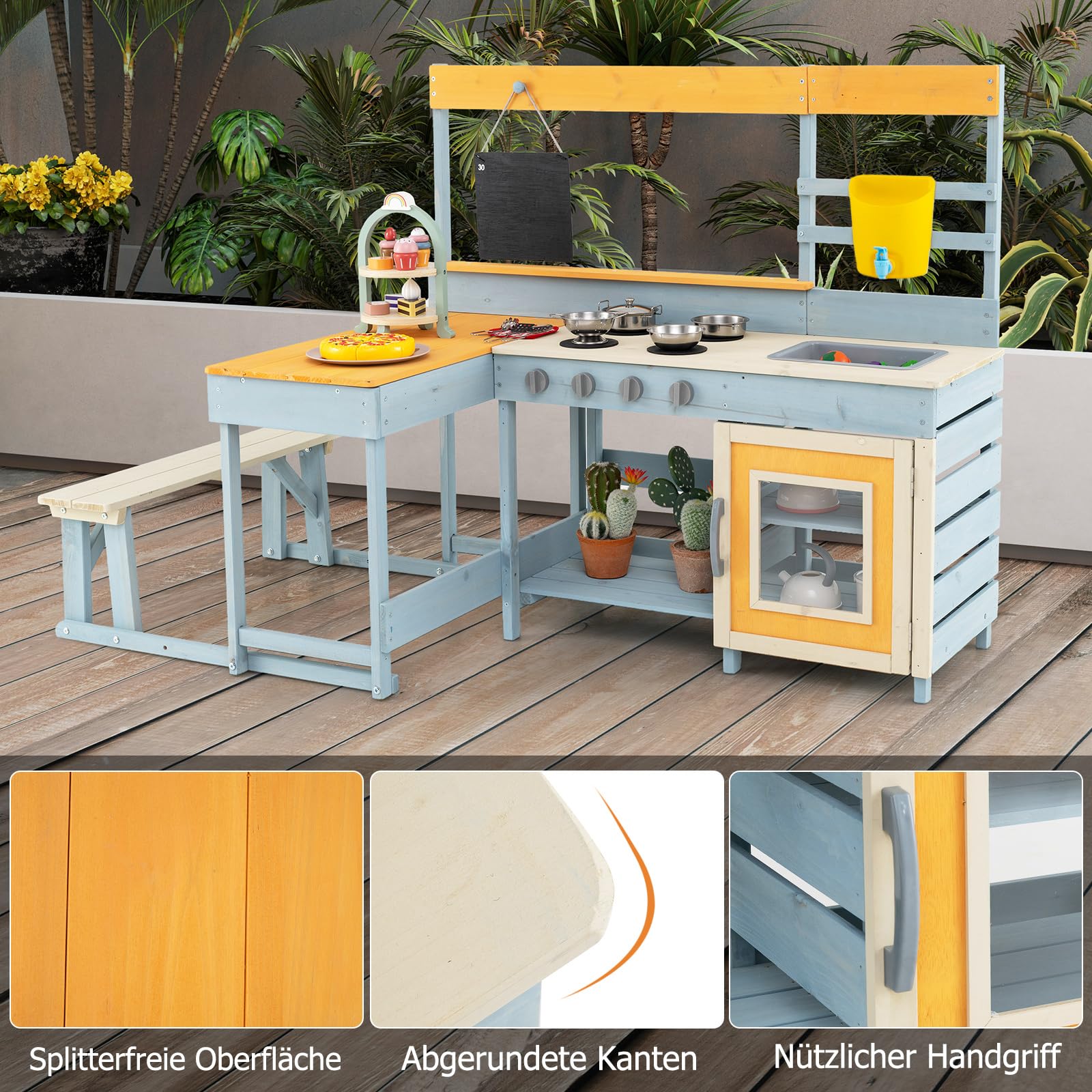 COSTWAY Matschküche Kinder, Outdoor Spielküche Holz mit Picknicktisch und Bank, Kinderküche mit Echtem Wasserhahn, Spüle, Tafel, Dessert- & Kochzubehör, Outdoorküche für Kinder ab 3 Jahren