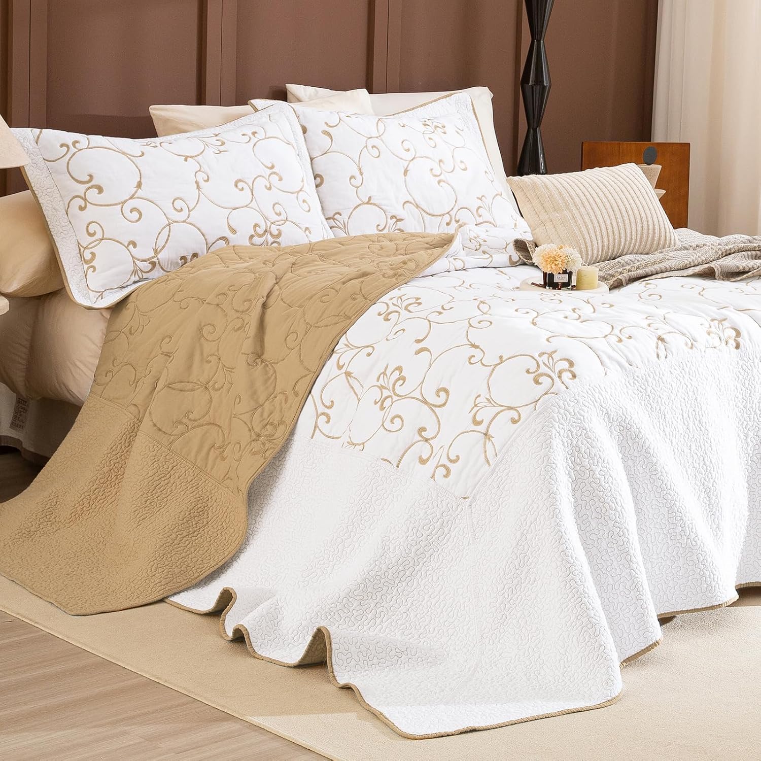 Lady Ann Oversized King 120x120 Quilt Bedspreads,100% Cotton Embroidery Pattern California King Size Quilt Bedding Set Extra Large White with Gold Bedding Coverlet Sets Lightweight All Season 3 Pcs Oversized California King Plus(120"x120") Pattern1#beige