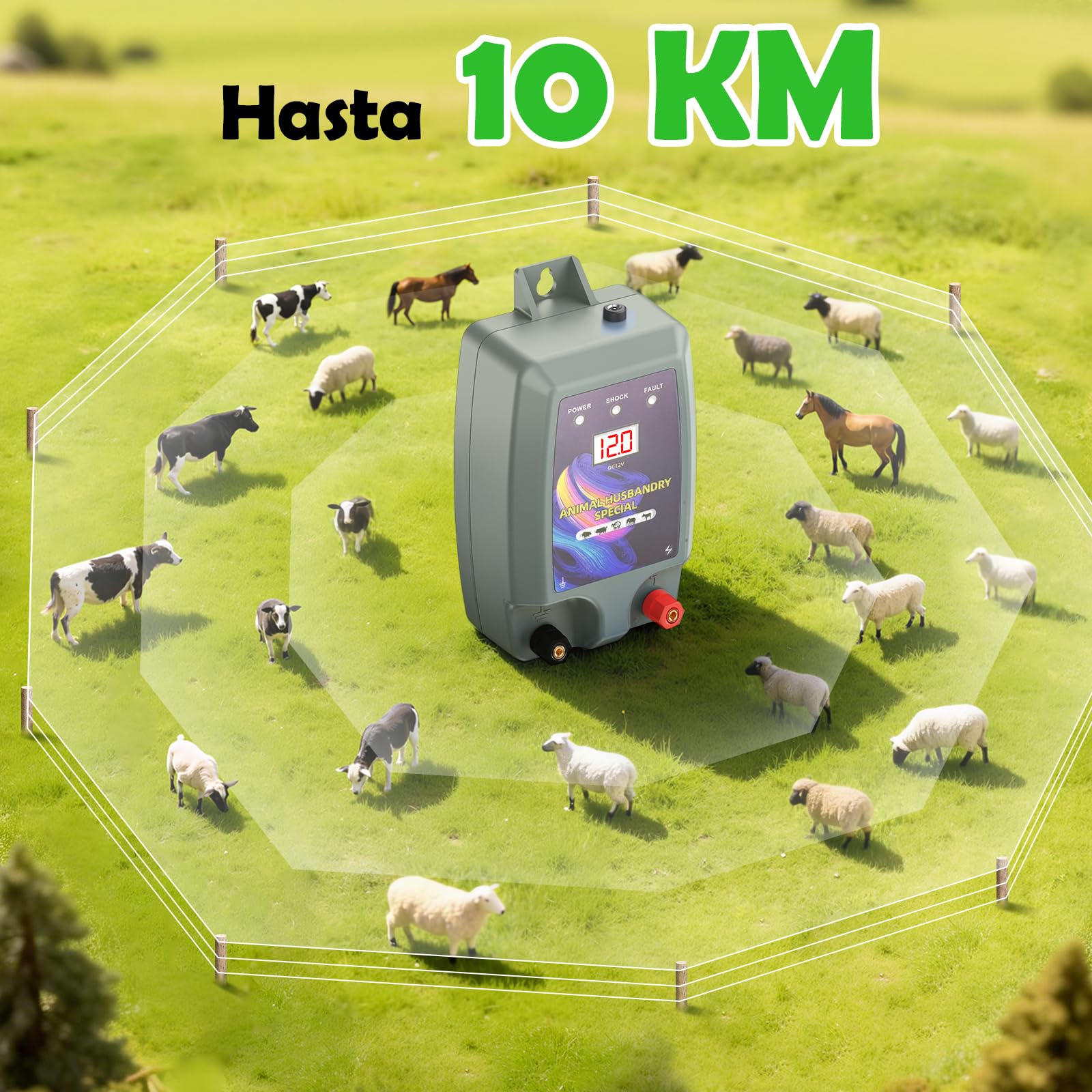 10KM Cerca Eléctrica para Animales, 12kV 2.0J Electrificador de Cerca Eléctrica de Alta Potencia para Protección de Ovejas, Caballos, Jardín, Pastos y Granja (Gris)