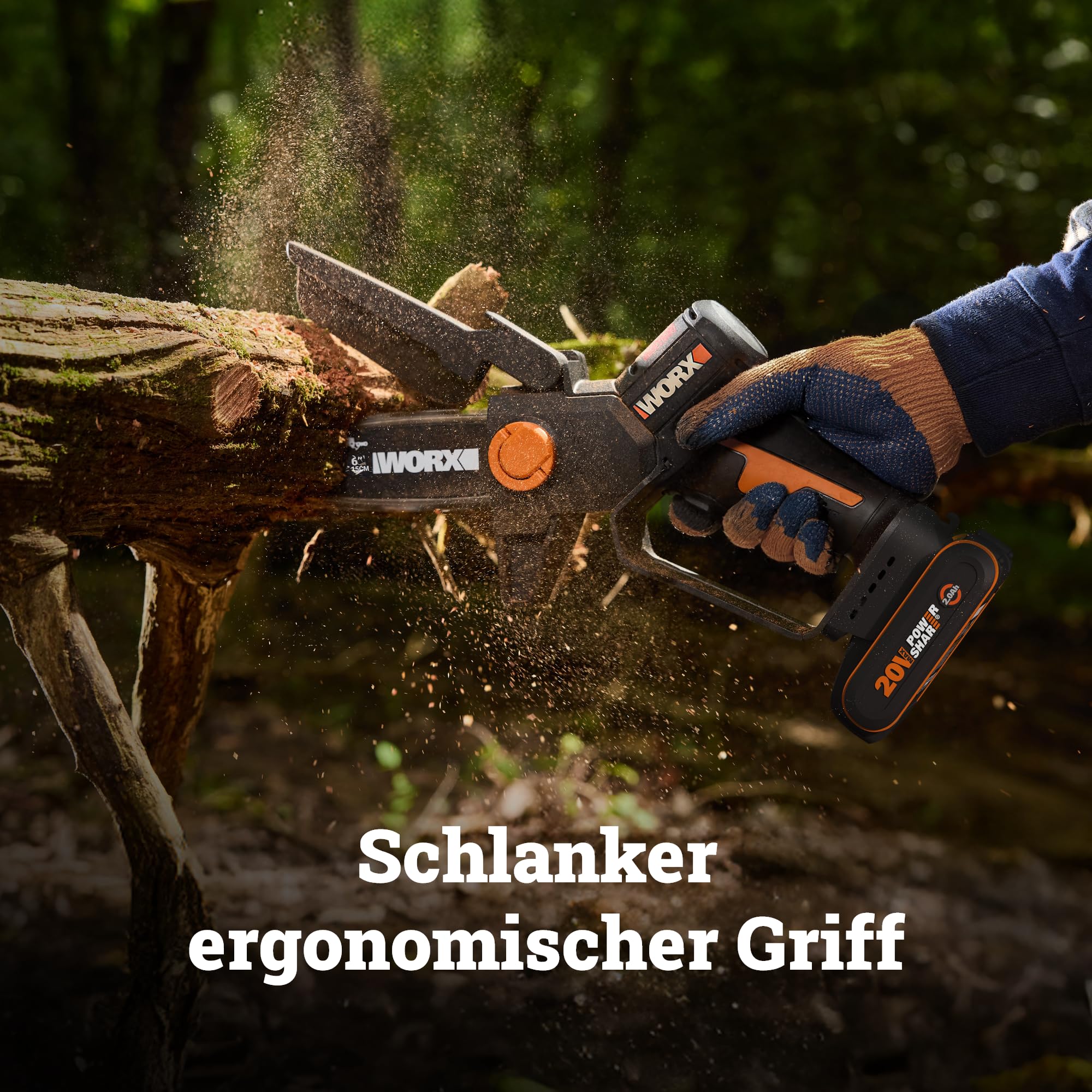 WORX WG327E.9 Akku Mini-Kettensäge 20V, 15 cm Schwertlänge, bürstenloser Motor, werkzeugloser Kettenwechsel und -spannung, ohne Akku und Ladegerät (kompakt, leicht und Strauchpflege)