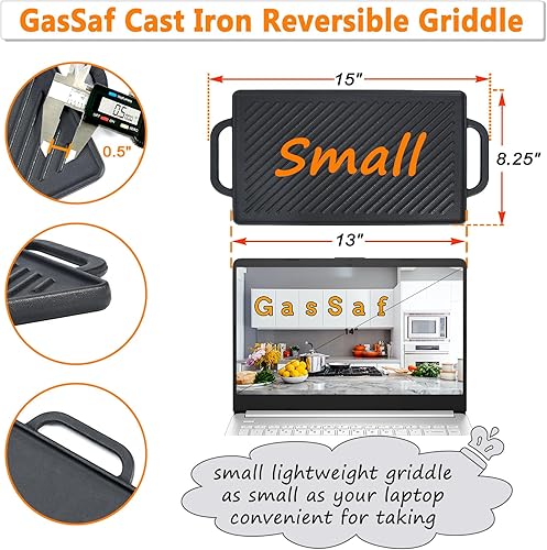 Miniatura 2 de GasSaf Estufa de hierro fundido de doble cara para cocina interior, sartén reversible para parrilla de gas al aire libre, campamento al aire libre,
