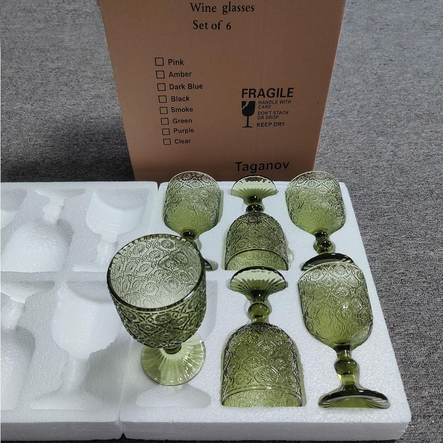 Green Glasses Drinking Wine Water Goblets Glassware set of 6 Vintage Stemware 12 Ounces for Wedding Party Bar Floral Pattern 350 ml