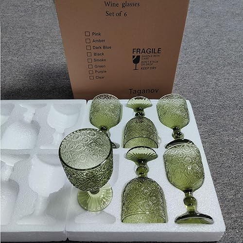 Miniatura 3 de Juego de 6 vasos verdes para beber vino, copas de agua y vino, 12 onzas para boda, fiesta, bar, patrón floral, 11.8 fl oz