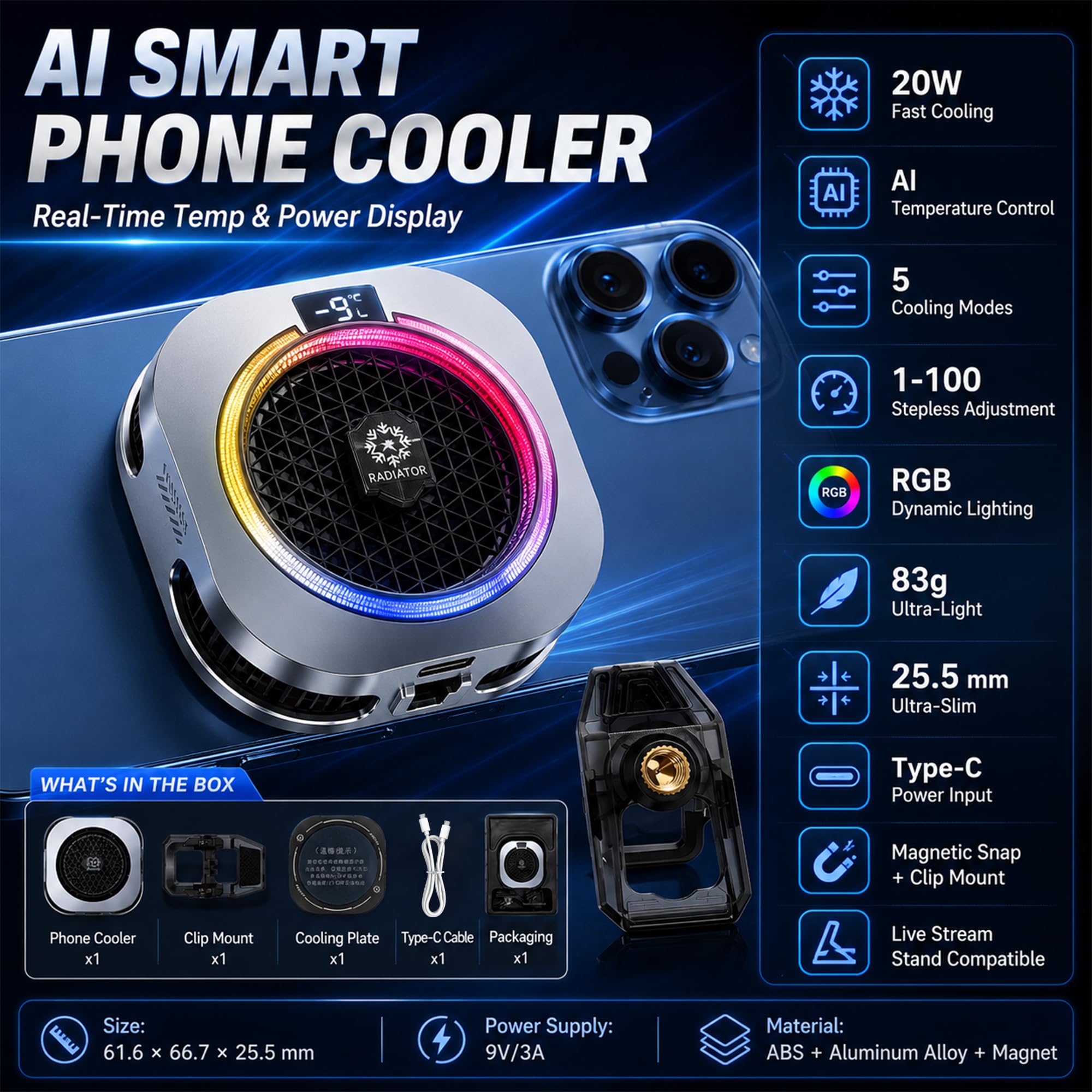 auvstar Raffreddatore Telefono,Phone Cooler RGB,Ventola Raffreddamento elefono Portatile RGB,Raffredda Telefono Leggero e Silenzioso,Adatto per Giochi/Live Streaming (Argento)