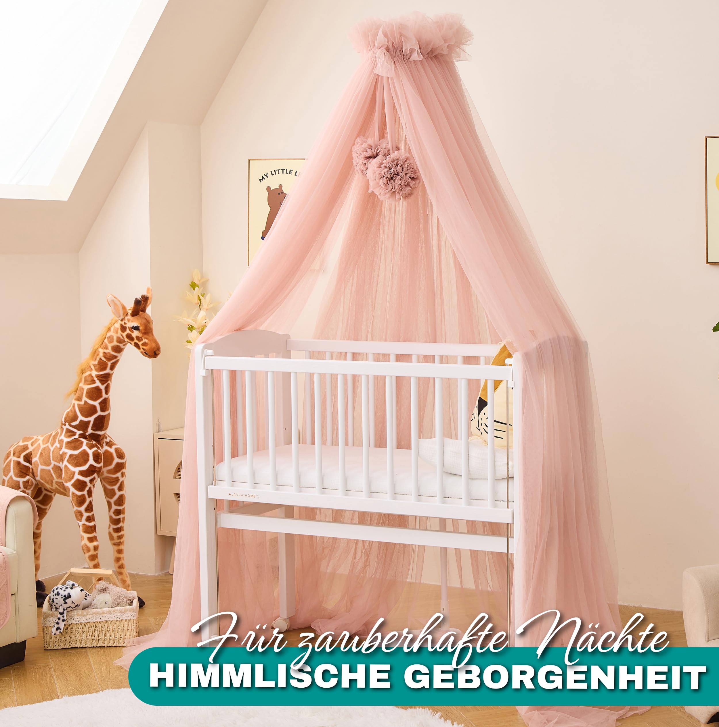 ALAVYA HOME® Dosel de tul 120 cm para cuna, mosquitera con pompones y barra, decoración para bebé, protege y encanta durante el sueño (rosa)