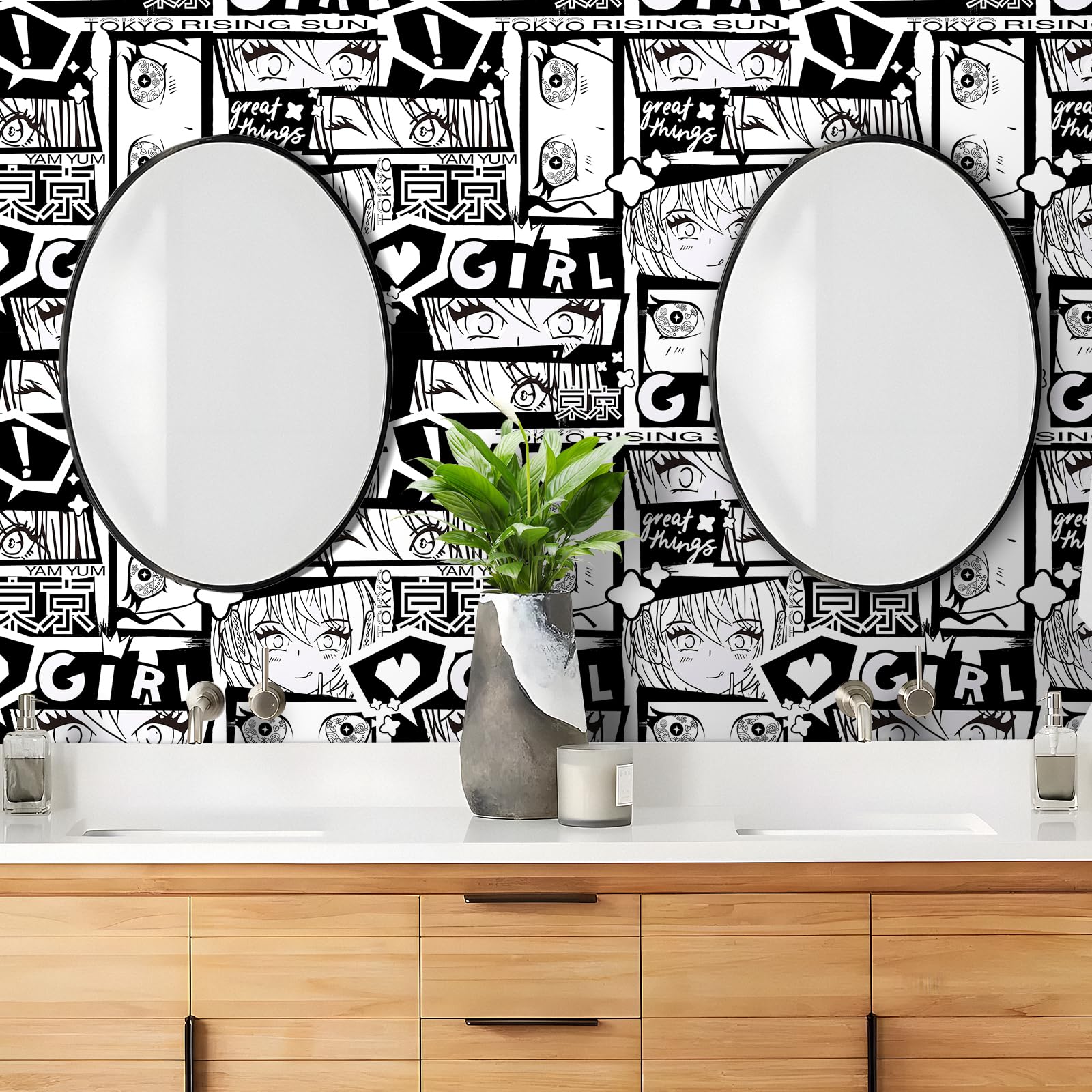 Livelynine 44,5 x 701 cm anime giapponese Peel & Stick carta da parati rimovibile per camera da letto moderna in bianco e nero graffiti murale murale affittuario amichevole carta da contatto