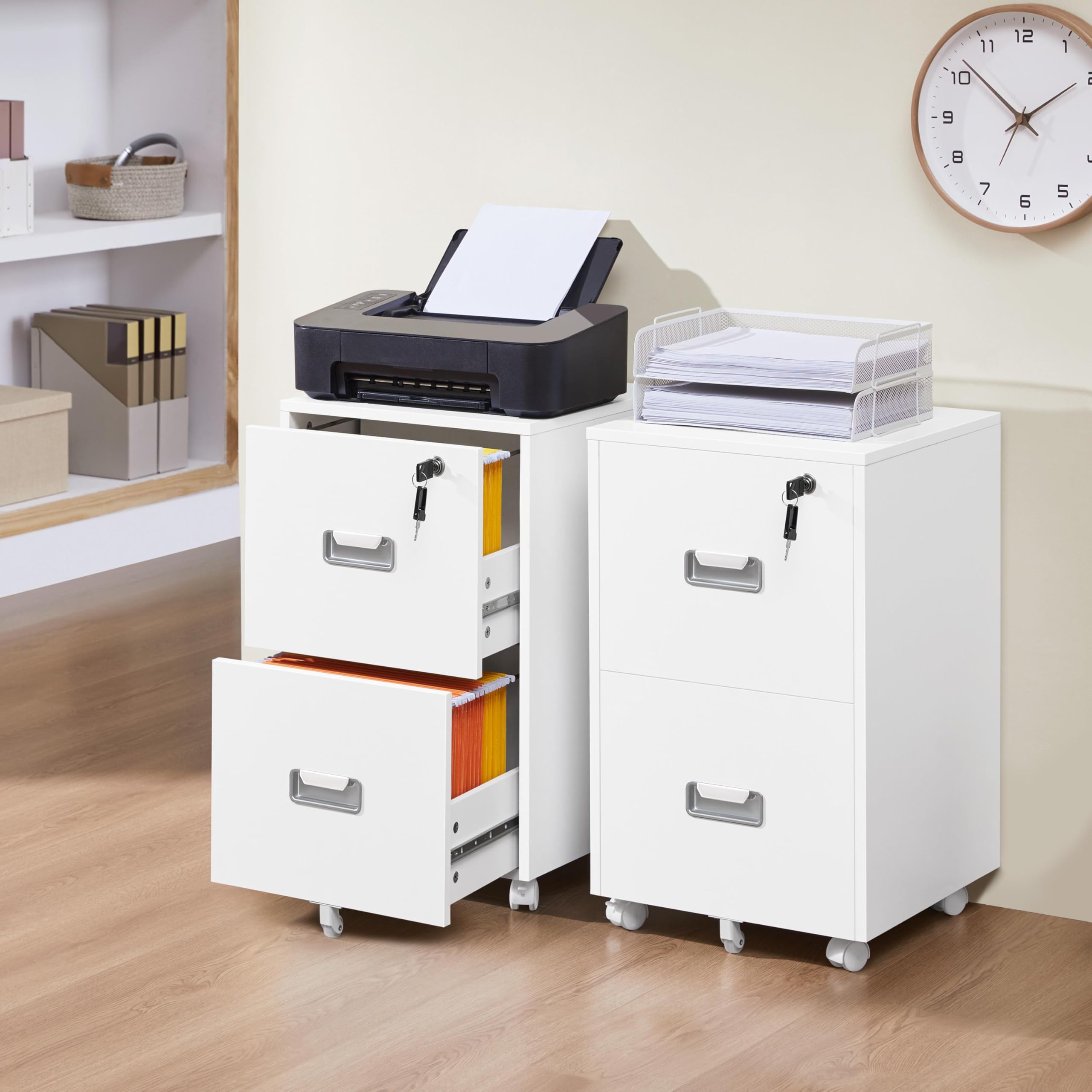 Yaheetech Schedario da Ufficio con Serratura e 2 Cassetti Bloccabili Cassettiera per Cartelle Sospese A4 Mobile Portadocumenti per Ufficio con Ruote per Studio Camera Scrivania Bianco