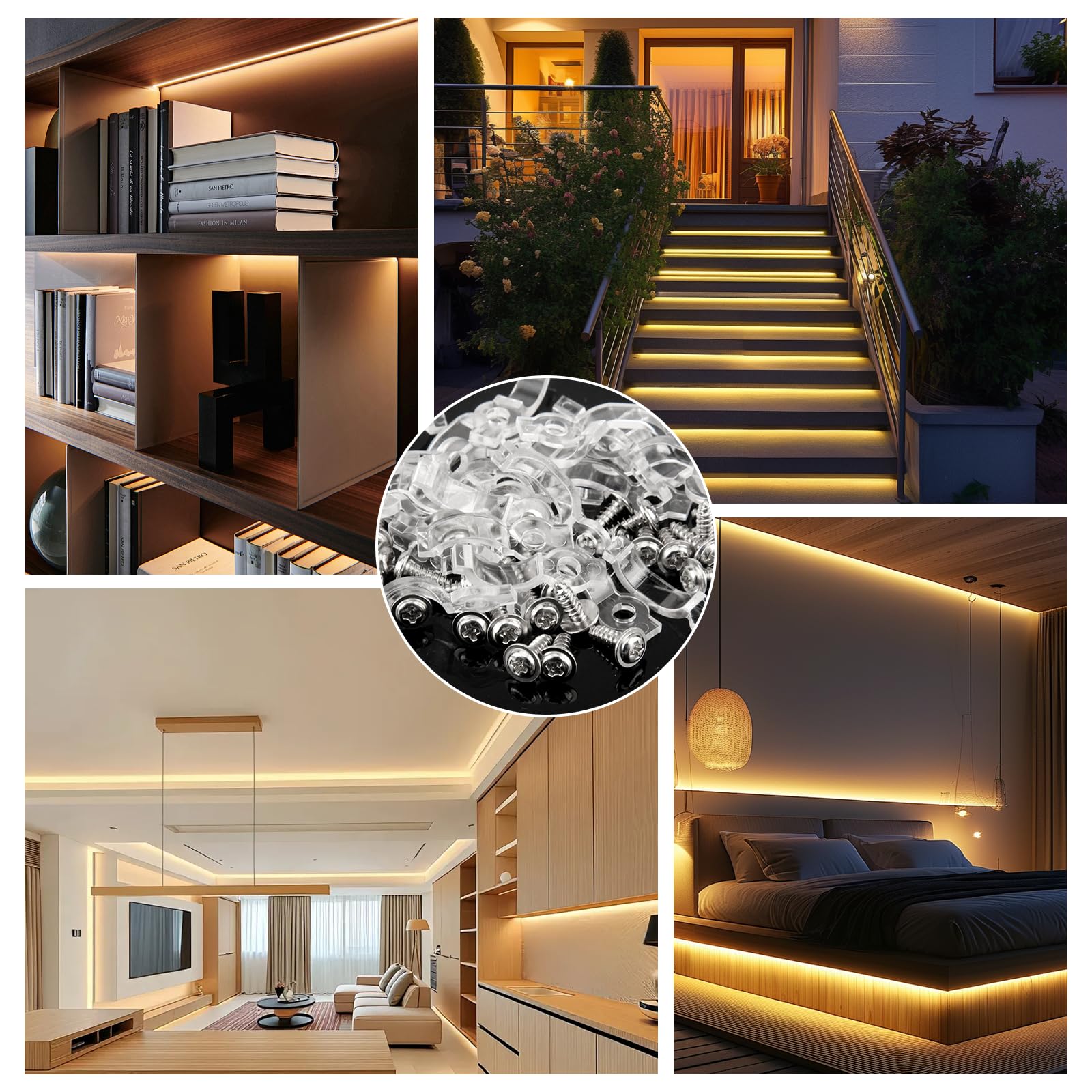 200 strisce LED di fissaggio 8 mm, 9 mm, 10 mm, striscia LED in plastica, fissaggio con 200 viti per il fissaggio di strisce luminose, fissaggio tubo luminoso