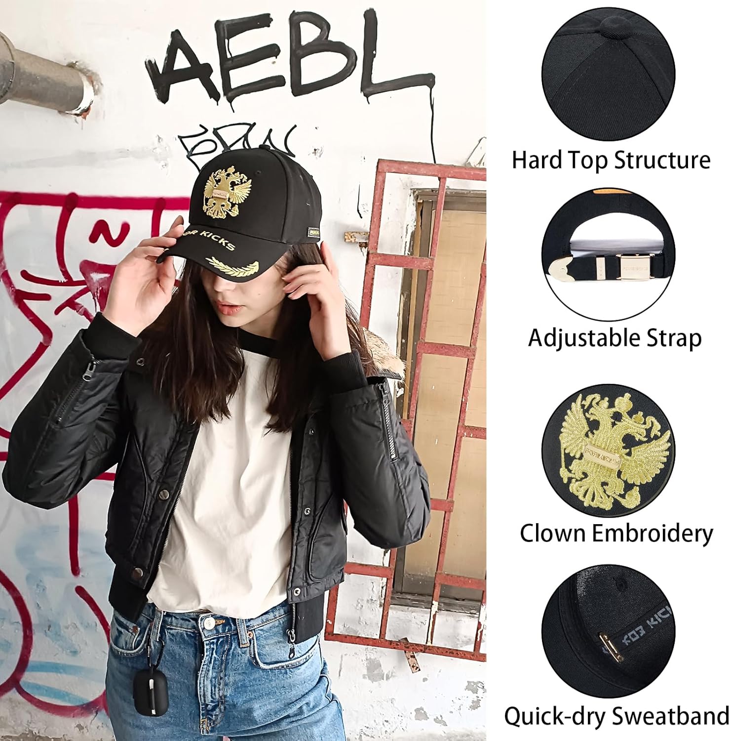 Trendy Unisex Graffiti Baseball Cap, Adjustable Cotton Baseball Cap for Men & Women, Athletic Streetwear Hat (US, Alpha, One Size, FK21-BLACK Gold) - Image 4