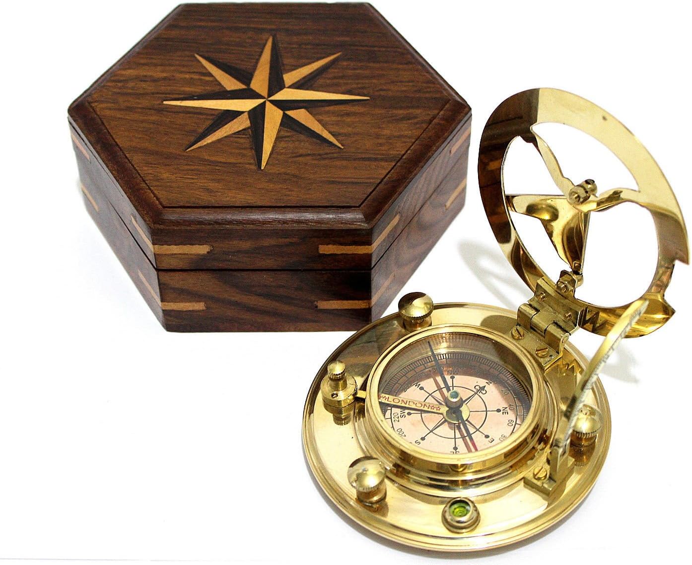 PURU Gilbert Brass Decorative Sundial Compass with Rose Wood Box