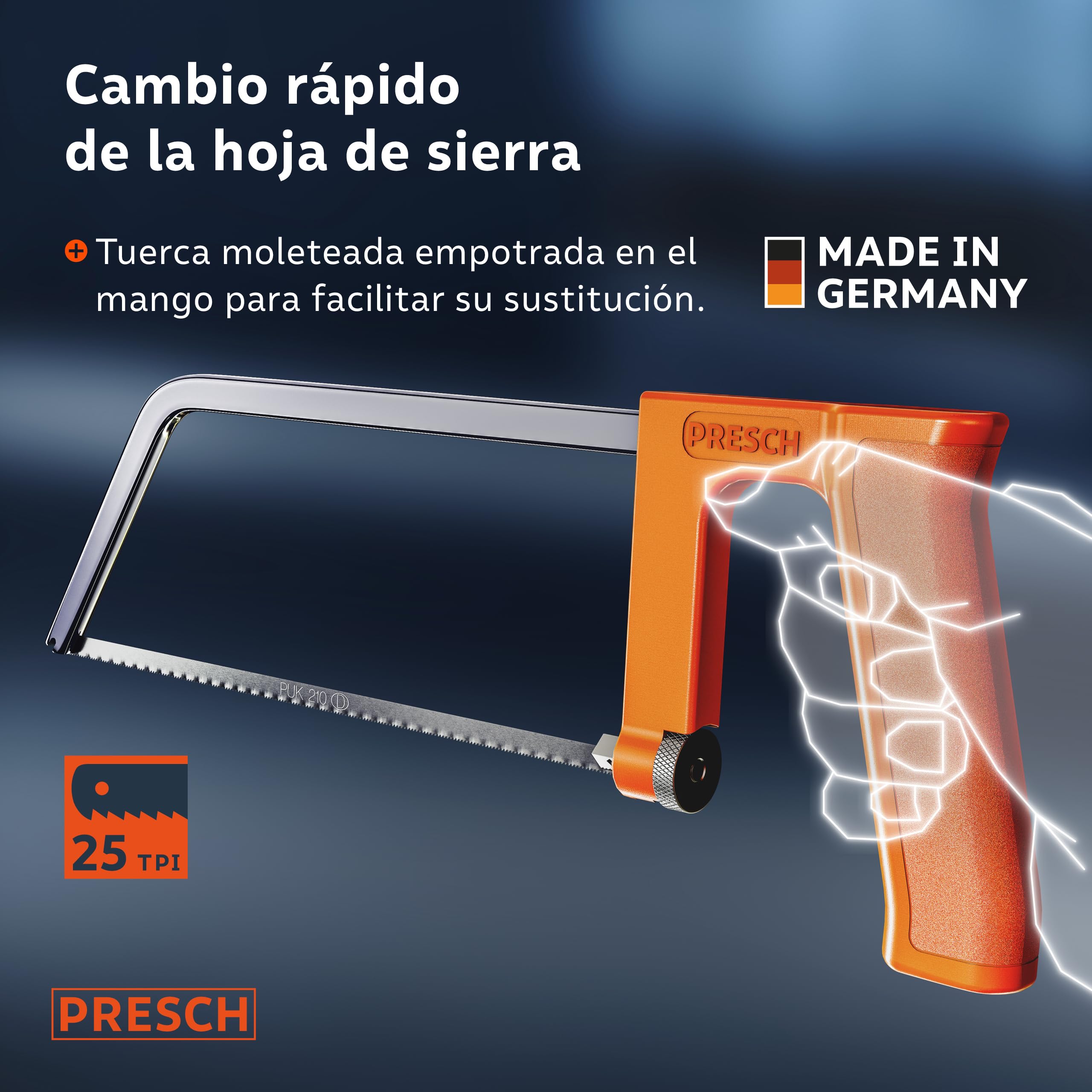 Presch Sierra de metal 200mm - Con hoja de sierra universal para cortes precisos - Cambio rápido de hojas de sierra - Mango ergonómico para serrar mejor - Sierra de arco pequeña, Sierra manual