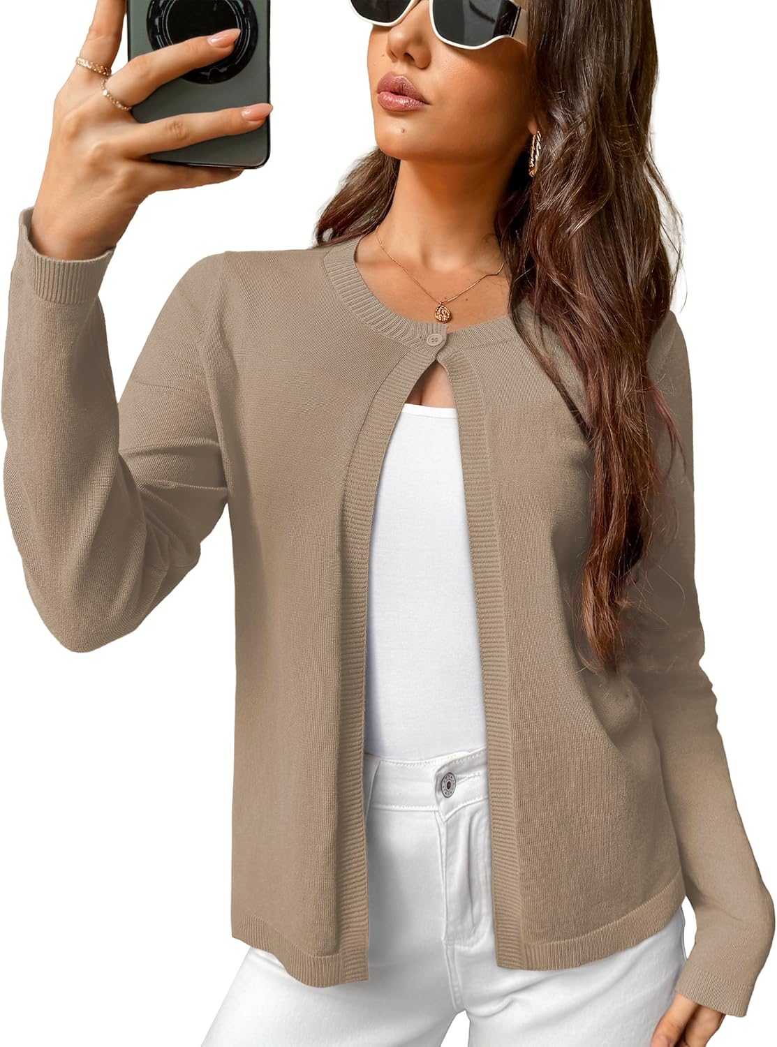 OmicGot Women's Cropped Cardigan Sweaters Long Sleeve Casual Open Front Button Down Bolero Shrugs S-XL