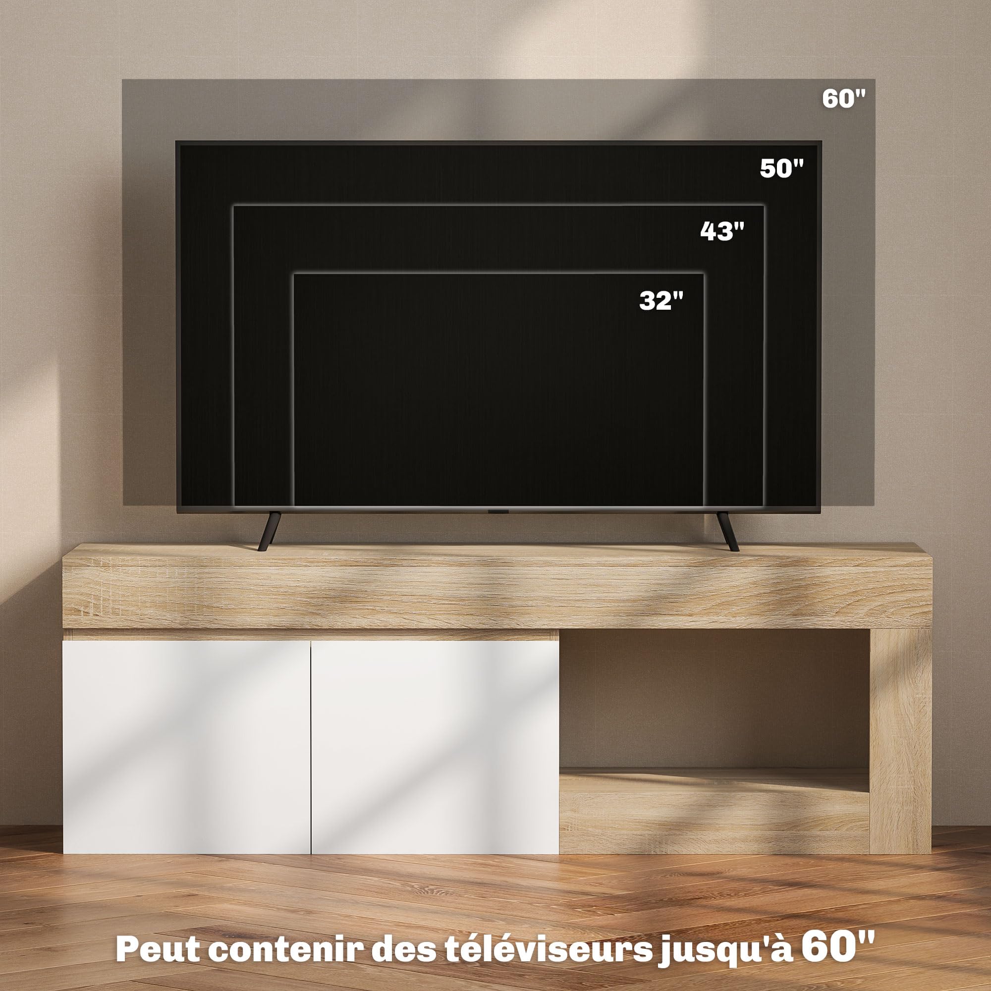 HOMCOM Meuble TV 140 cm, Meuble Télé pour Téléviseur jusqu'à 60 Pouces avec 2 Portes à Fermeture Douce et Compartiment Ouvert, Banc TV Moderne pour Salon, Chambre à Coucher, Effet Bois Naturel