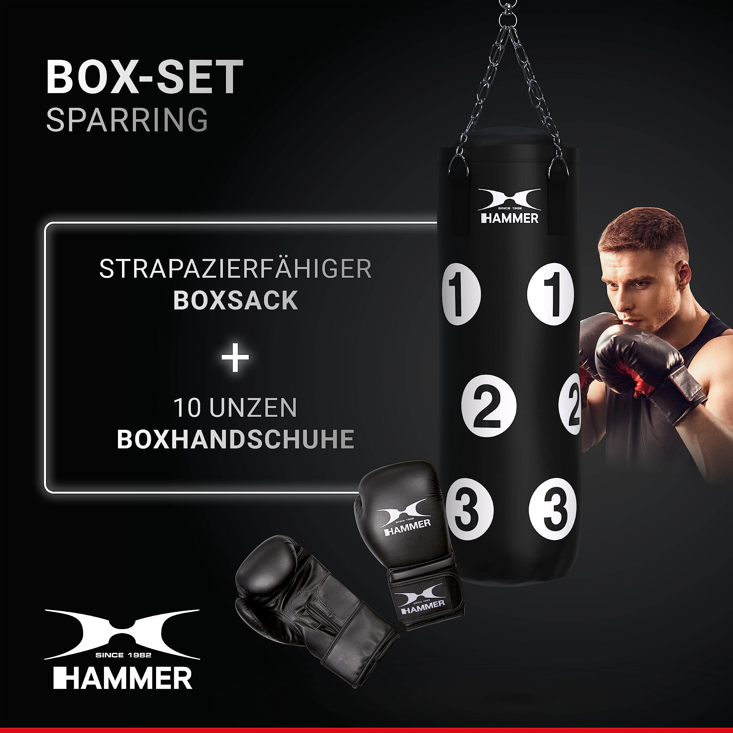 Hammer Box Set Sparring – Boxsack gefüllt 80 cm mit nummerierten Trefferflächen + Boxhandschuhe 10 oz – Inkl. Drehwirbel für sichere Aufhängung