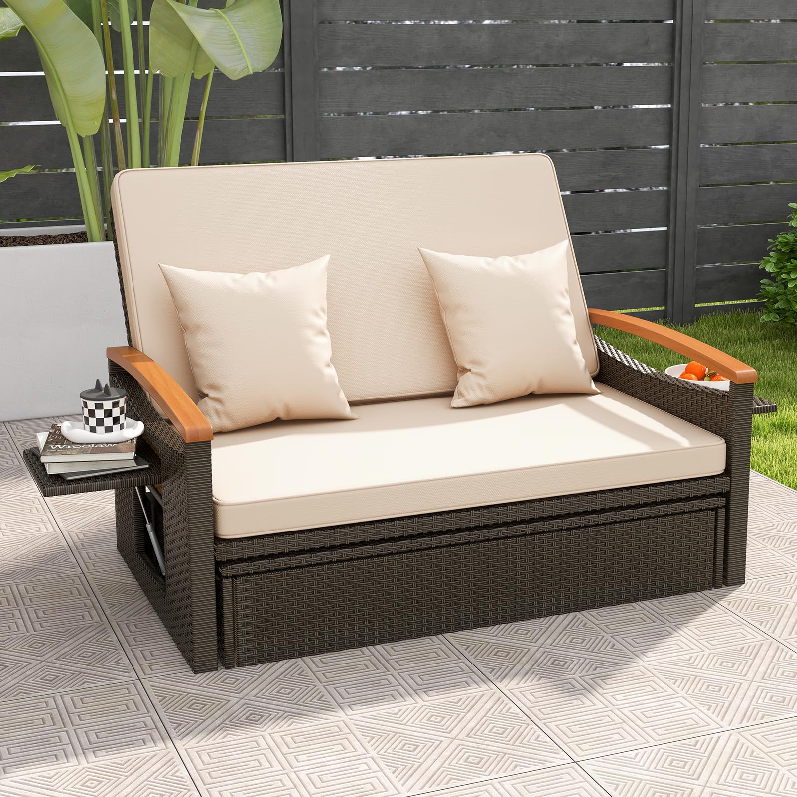 GIANTEX Divano da Giardino in Rattan a 2 Posti con Funzione Allungata, Set di Mobili in Rattan con Sgabello, Doppia Sedia a Sdraio per 2 Persone, 3 Colori (Cuscino Beige)