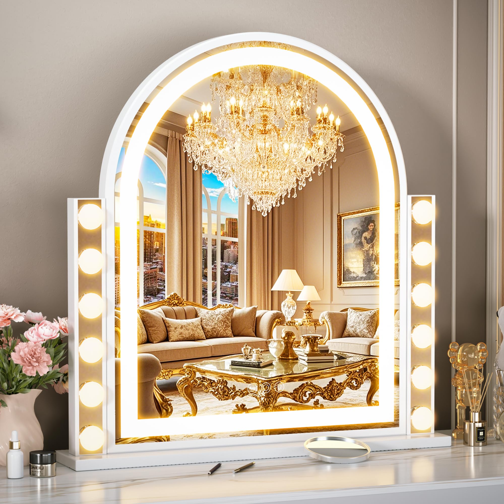 FENCHILIN Schminkspiegel mit Beleuchtung 59.5x57cmHollywood Spiegel mit 12 Dimmbare und Lichtleiste 3 Farbmodi Bogenförmiger Spiegel mit Beleuchtung Touch Steurung HD Gehärtetes Glas Weiß