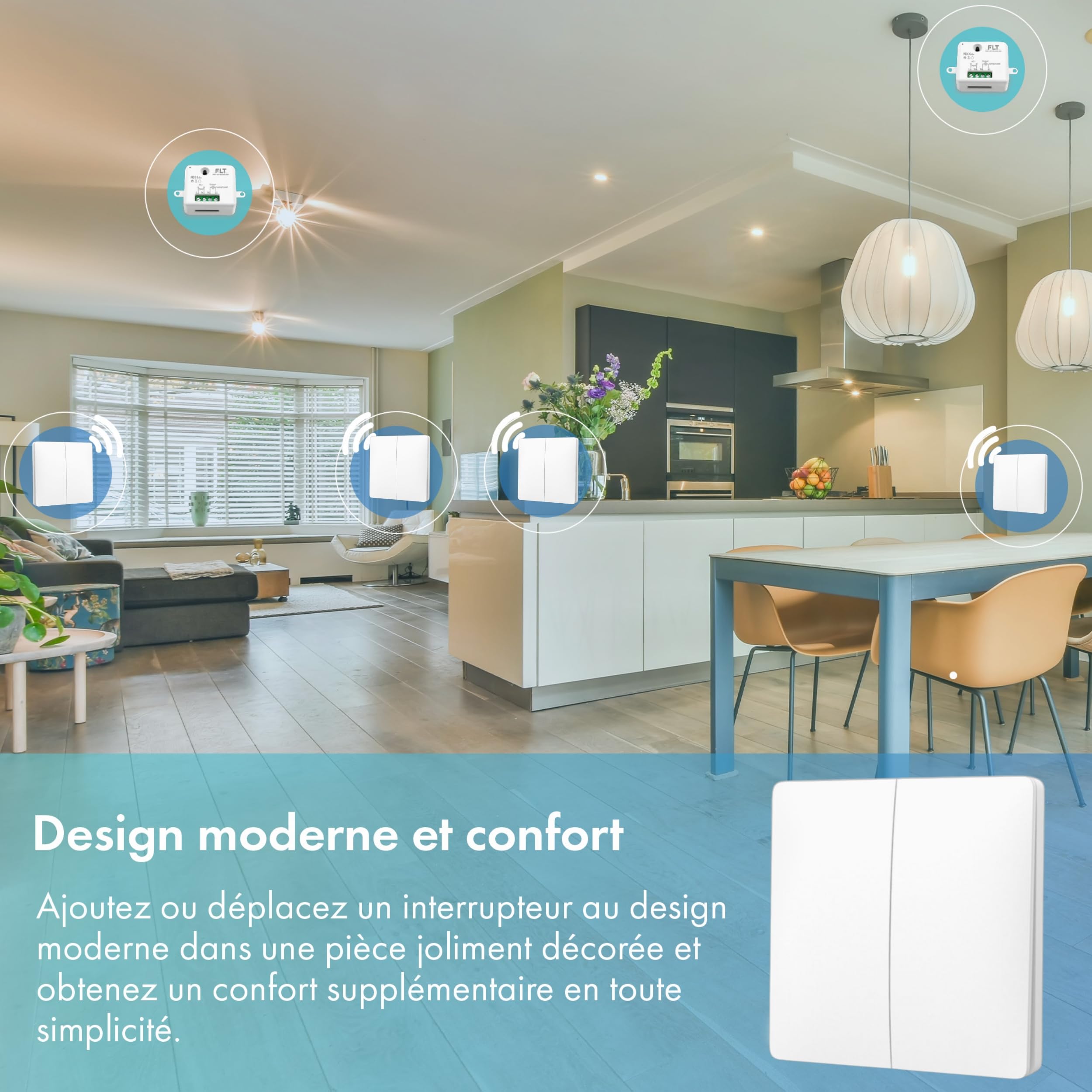 Interrupteur sans fil et sans pile Auto alimenté - Écologique - Qualité Pro - Va et vient RF 4 télécommande double allumage + 2 relais radio encastrable - Longue Distance - Intérieur Extérieur IP64