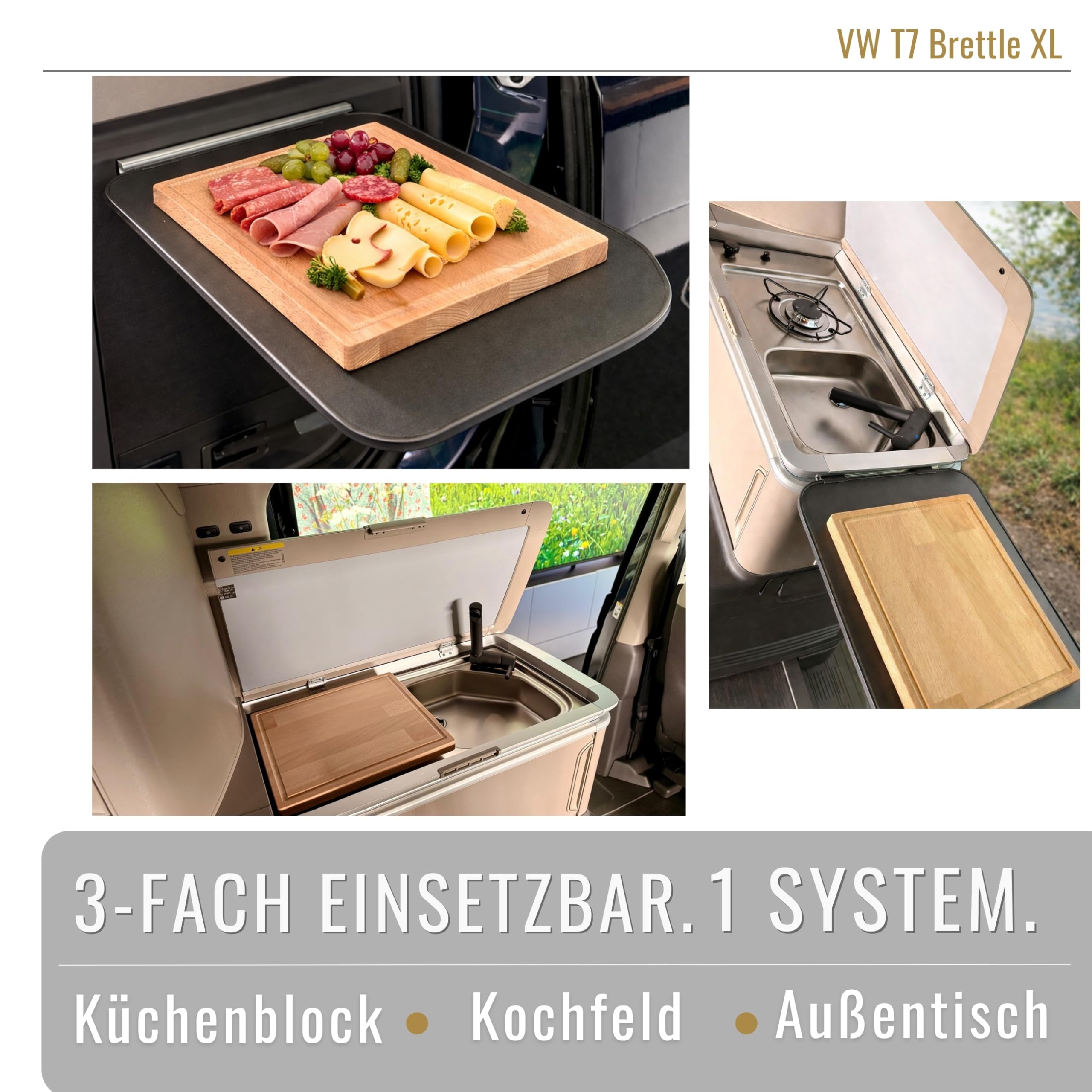 Arbeitsflächenerweiterung groß für VW T7 California – 30x26x2 cm Massivholz Buche – Passgenaue Kochfeldabdeckung & Schneidebrett für Camper Küche