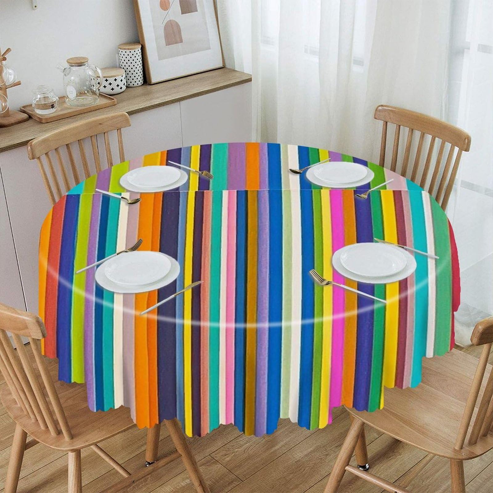 LZQPOEAS Stripes Round Tablecloth Rustic Circle Table Cloth Wrinkle Resistant Decor Tablecloth Waterproof Washable Table Cover for Kitchen Party Dining Table 60 Inch