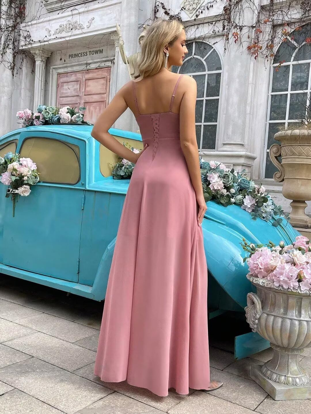 Women's Chiffon Bridesmaid Dresses Long with Slit A Line Formal Dress with Pockets VS085B
