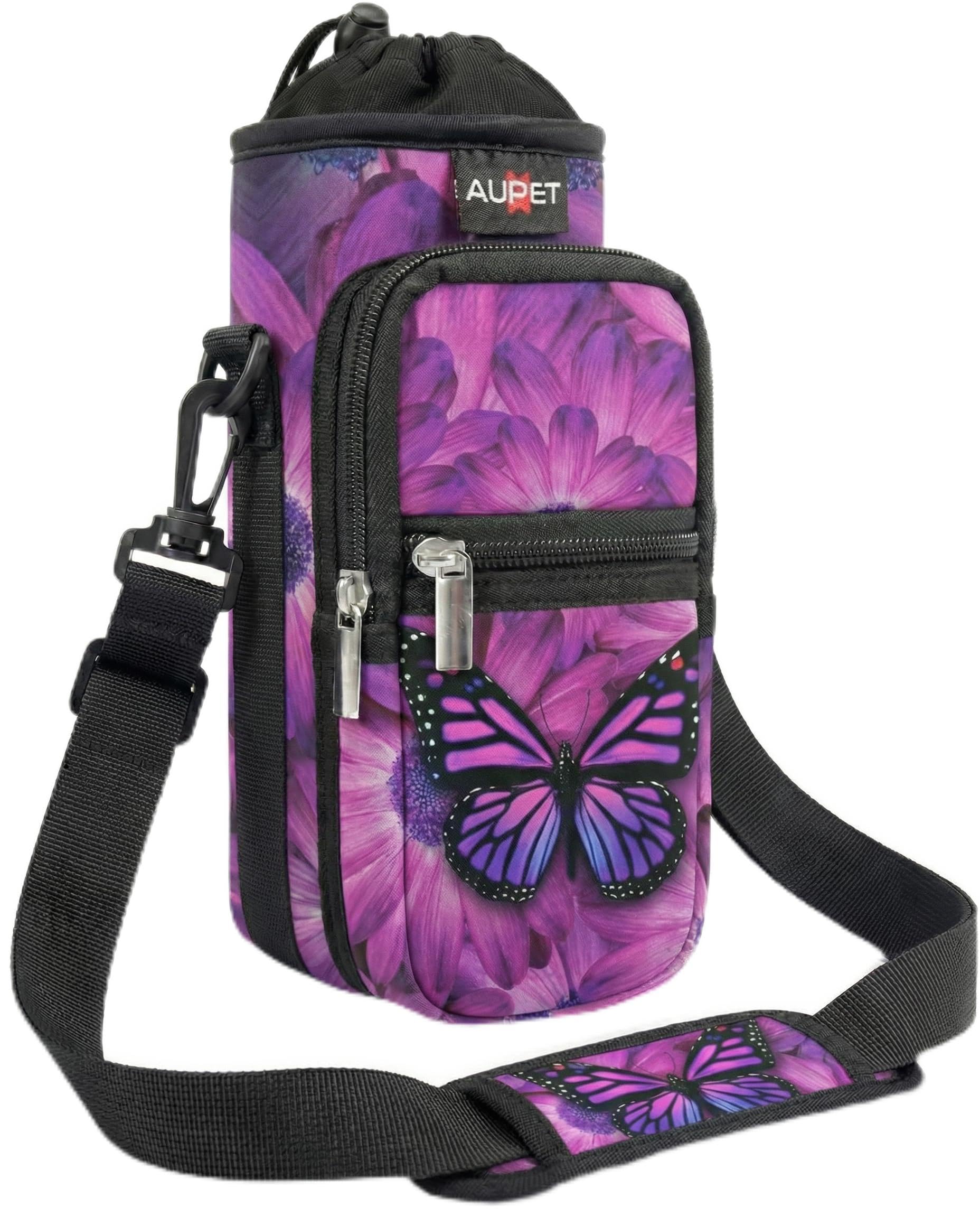 AUPET Water Bottle Sling Bag Sleeve Holder Carrier 25/32/40/64 oz,Insulated Crossbody Water Bottle Case Cover with Strap and Pockets for Men/Women Walking Hiking Camping (25oz, butterflys)