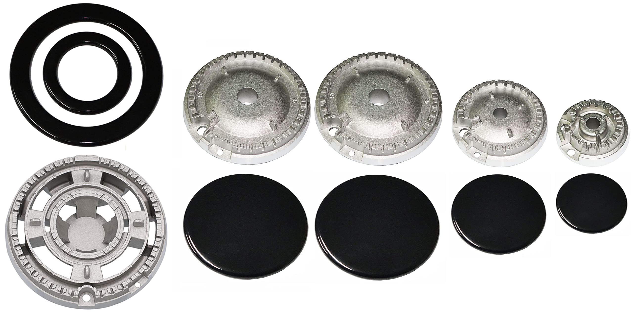 Candy Hoover Iberna Gasfire - Kit 5 bruciatori Defendi completi di piattelli spartifiamma lucidi 4 fuochi + quadrupla corona per cucina piano cottura 5 fuochi - Made in Italy - CA05