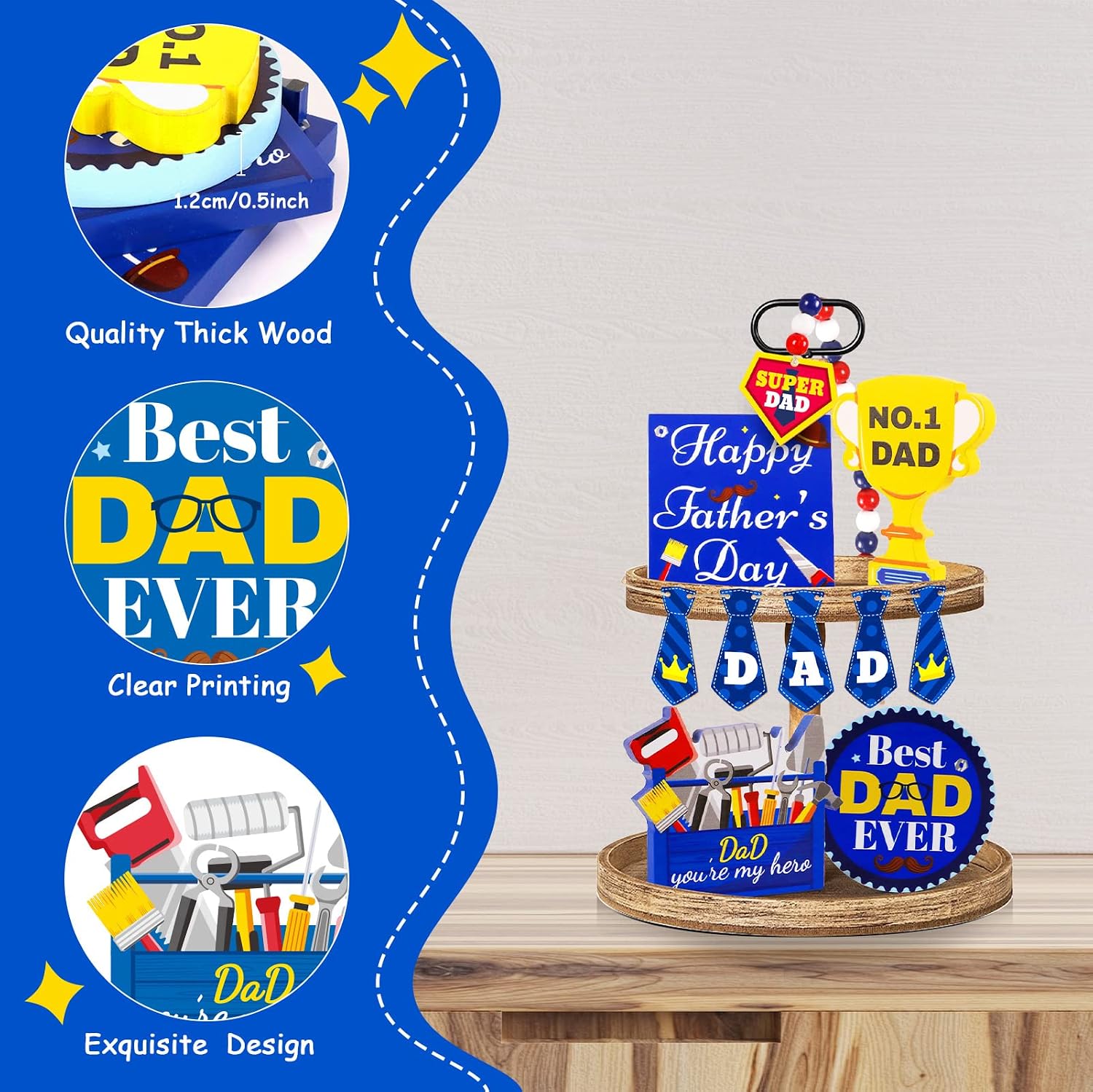 Father's Day Centerpiece Table Decorations Happy Father's Day Party Centerpieces Wooden Table Signs Best Dad Ever Kitchen Rustic Farmhouse Tiered Tray Decor for Fathers Day Gift Supplies