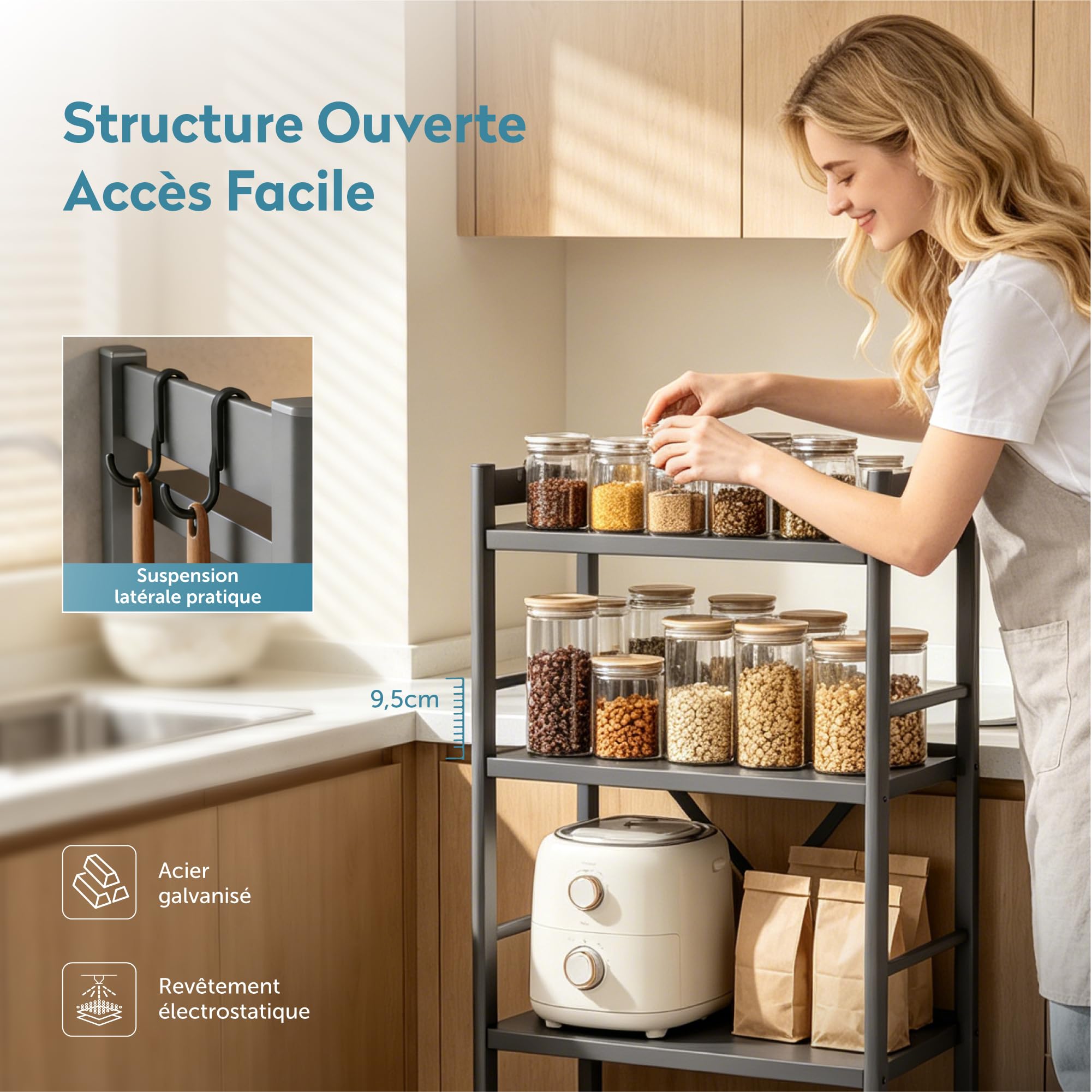 doporro Étagère de Rangement Cuisine 4 Niveaux avec 4 Crochets Desserte