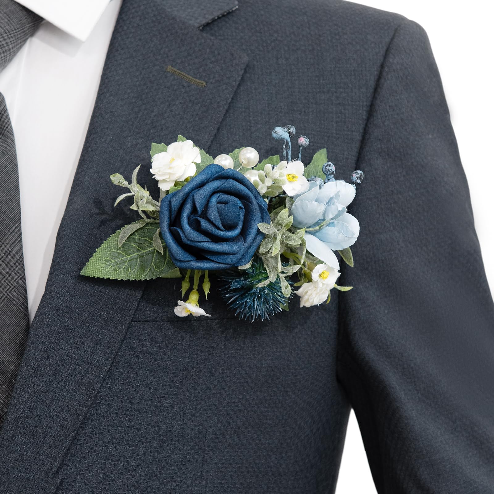 Ling's moment Pocket Boutonniere Single, Boutonniere for Men Groom for Wedding, Prom, Homecoming, Anniversary, Graduation, etc.Dusty Blue Navy, 6" W x 5" H